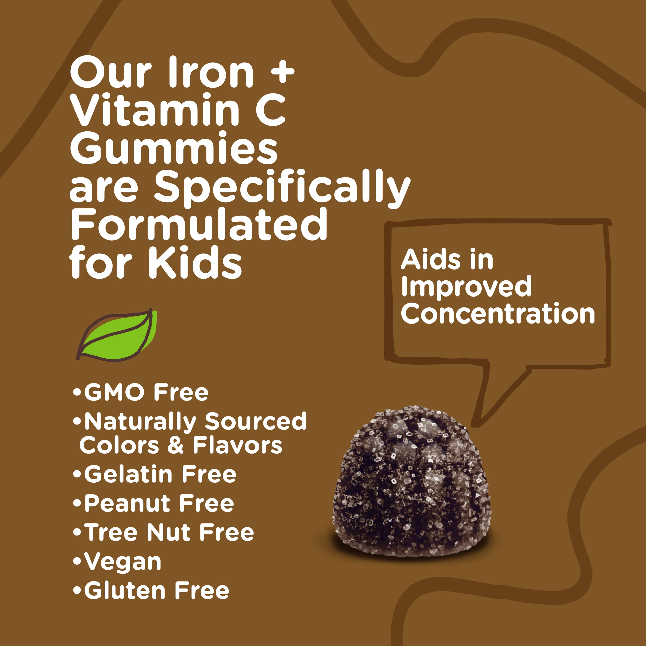 Iron Gummies for Kids with Vitamin C - Supports Energy, Blood Cell Formulation, Blood Builder Anemia Kids Iron Supplements - Vegan, Gelatin Free, Gluten Free - Tasty Chewable Grape Flavored Gummy