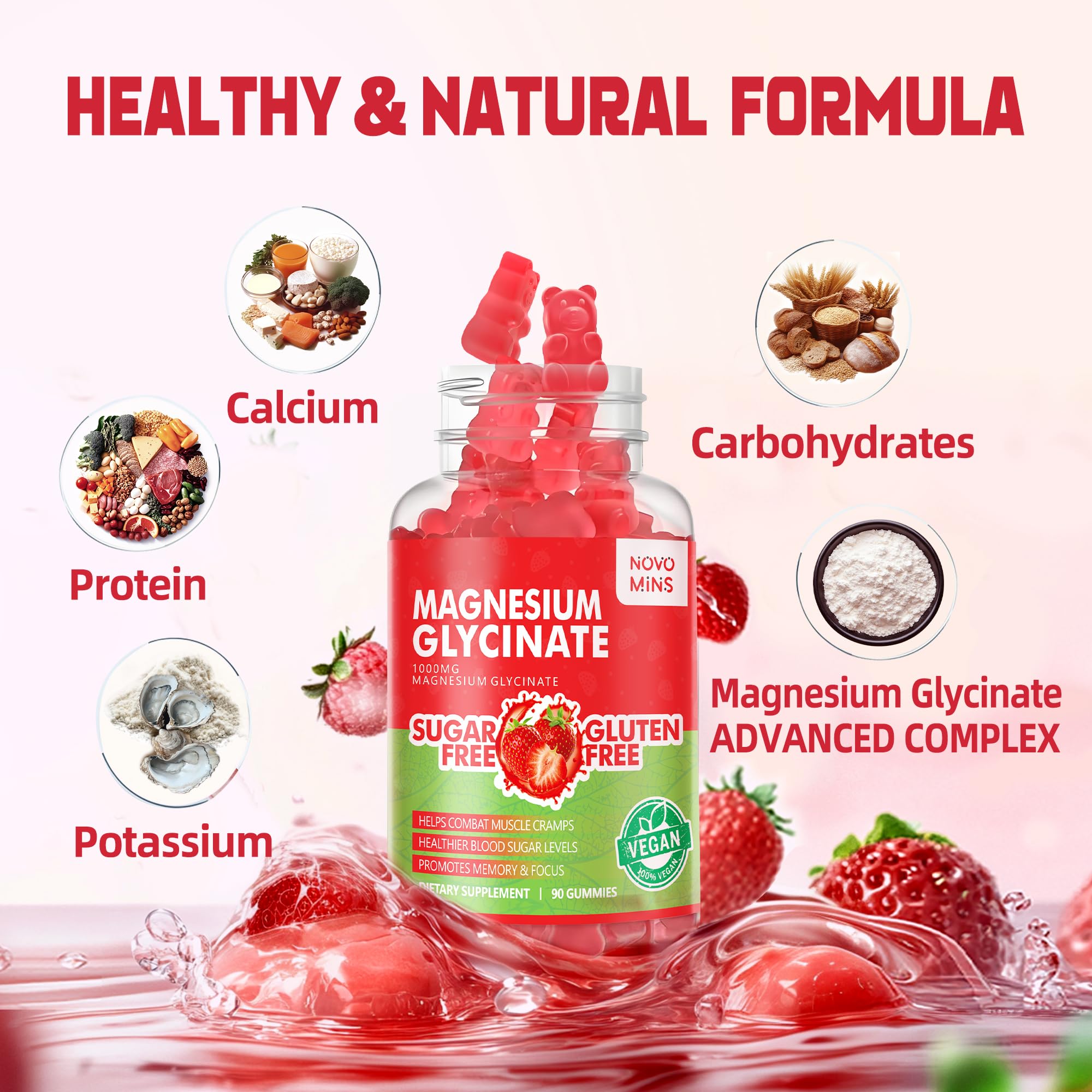 90 CT Magnesium Glycinate Gummies - Sugar Free Magnesium Potassium Supplement with Vitamin D, B6, CoQ10 for Calm Mood & Sleep Support - 90 Strawberry Gummies