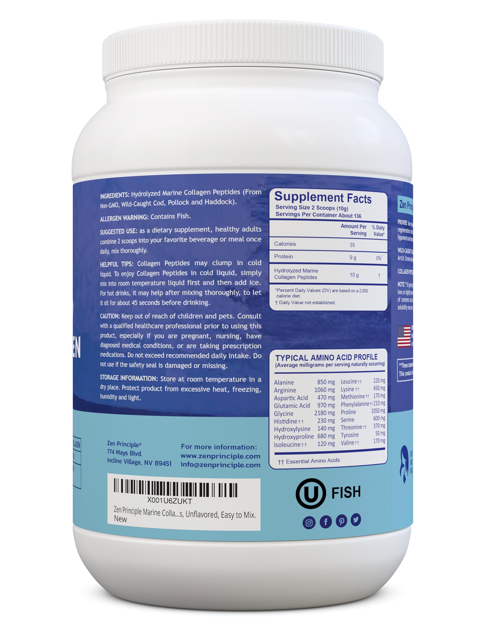 Zen Principle Marine Collagen Peptides Powder 3 lb. Wild-Caught Fish, Non-GMO. Supports Healthy Skin, Hair, Joints, and Bones. Hydrolyzed Type 1 & 3 Protein. Amino Acids, Unflavored, Easy to Mix.