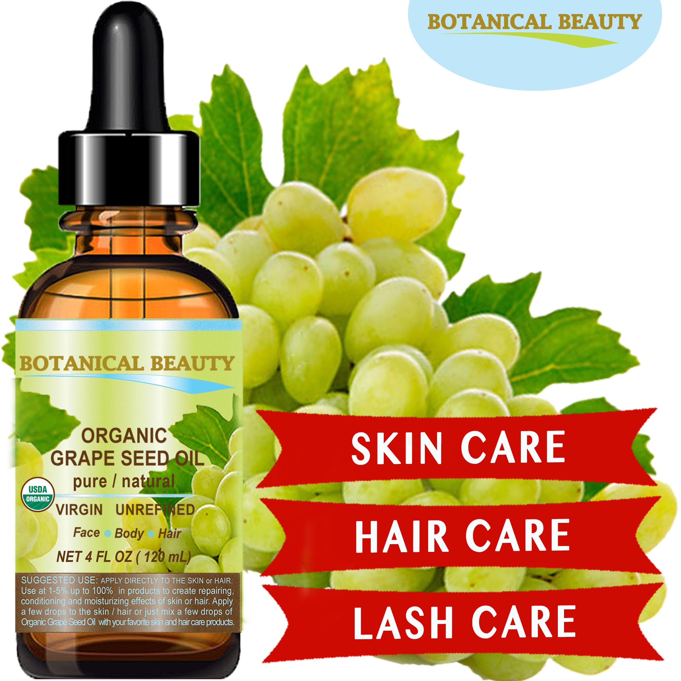 Botanical Beauty Organic GRAPE SEED OIL 100% Pure Natural VIRGIN UNREFINED Cold-Pressed Carrier Oil 1 Fl oz 30 ml for Face, Skin, Body, Hair, Lip, Nails, Massage. Rich in Vitamin E