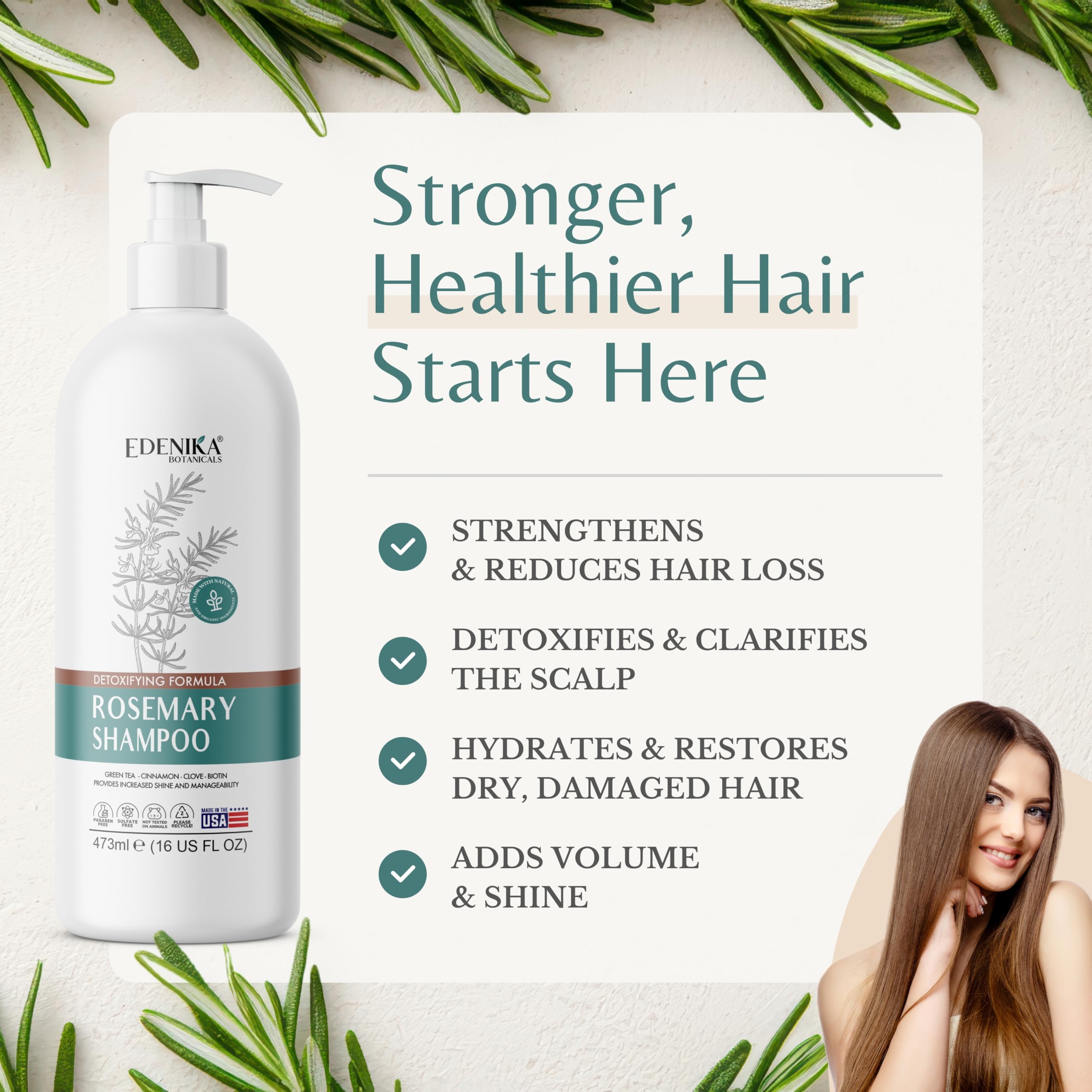 EDENIKA BOTANICALS Rosemary Shampoo with Biotin, Green Tea & Clove for Hair Strength & Anti-Hair Loss, Scalp Detox & Clarifying, Adds Volume & Shine – 16 fl oz