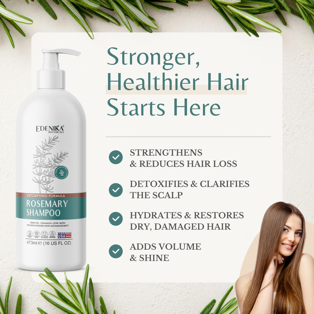 EDENIKA BOTANICALS Rosemary Shampoo with Biotin, Green Tea & Clove for Hair Strength & Anti-Hair Loss, Scalp Detox & Clarifying, Adds Volume & Shine – 16 fl oz