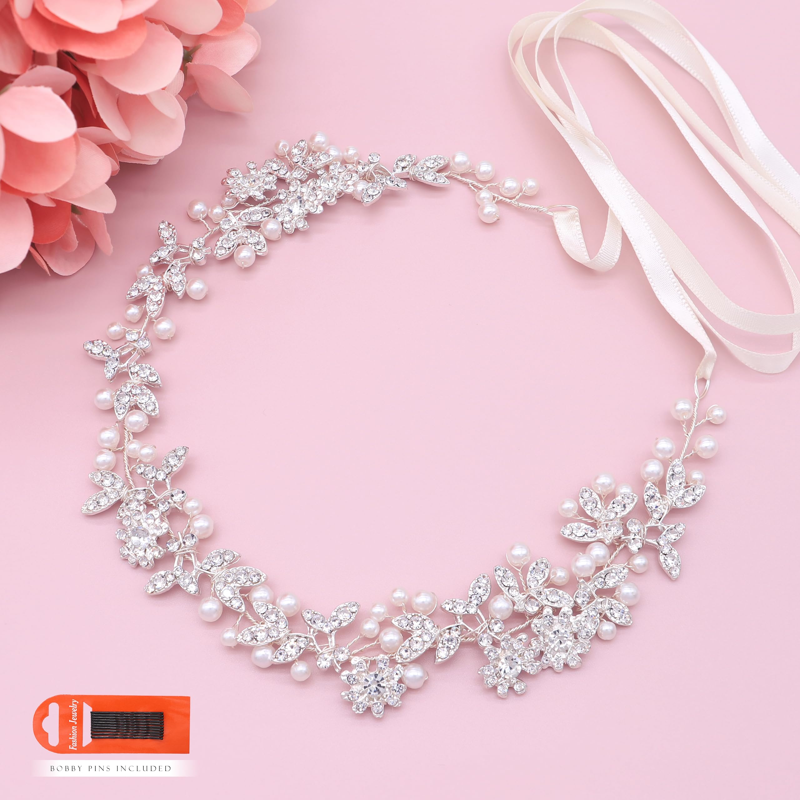 Ammei Silver Vintage Bridal Crystal Headbands Wedding Headpieces Hair Pieces For Bride Bridesmaids Flower Girl Prom Hair Accessories With Ivory Ribbons Hair Vines