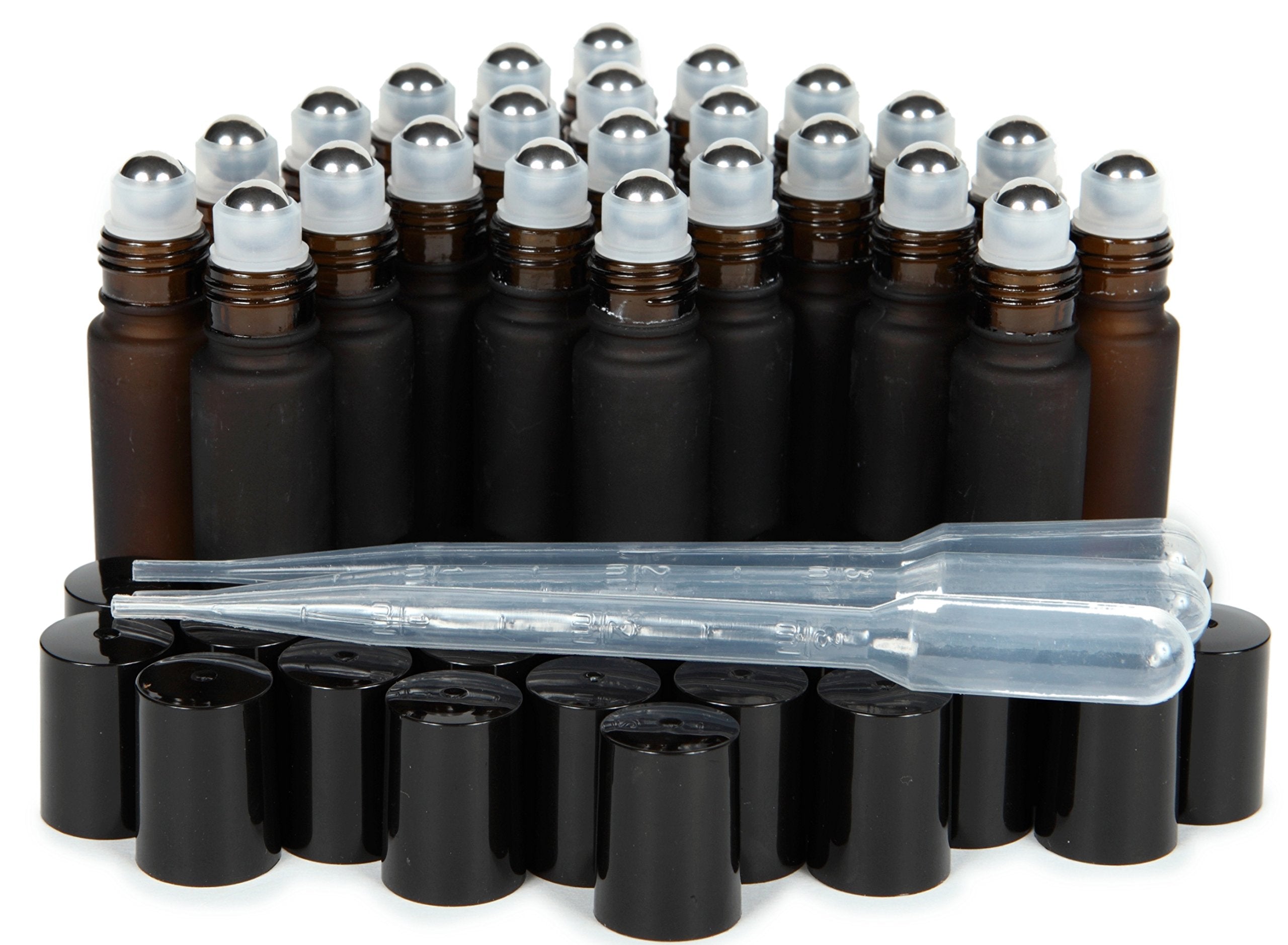 Vivaplex, 24, Frosted Amber, 10 ml Glass Roll-on Bottles with Stainless Steel Roller Balls. 3 - 3 ml Droppers included