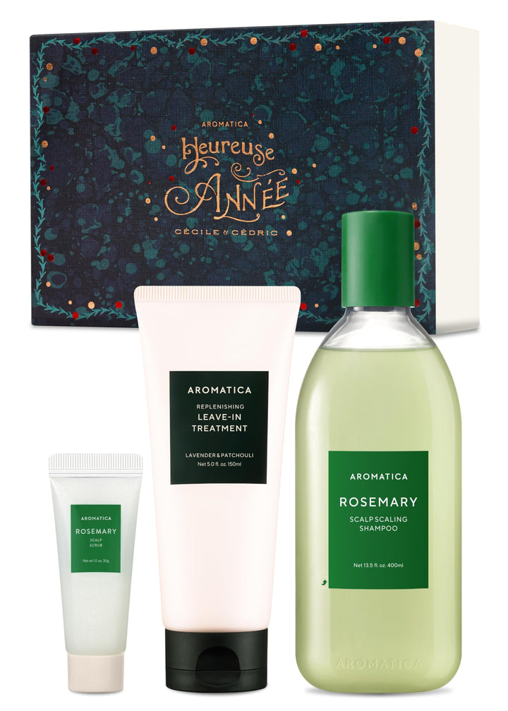 AROMATICA Rosemary Hair Care Holiday Gift Set - Shampoo for hair growth & Heat Protection Leave in Treatment & Scalp Treatment - Vegan and Silicone Free