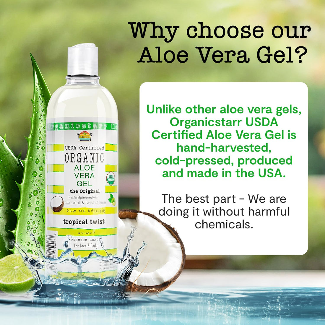 DEW ME DAILY USDA Certified Organic Aloe Vera Gel 12 oz - 100% Pure, Cold Pressed, Hand Harvested, Infused with Coconut, Lime & Verbena Essential Oils, Chemical-Free - Skin & Hair Care, Made in USA