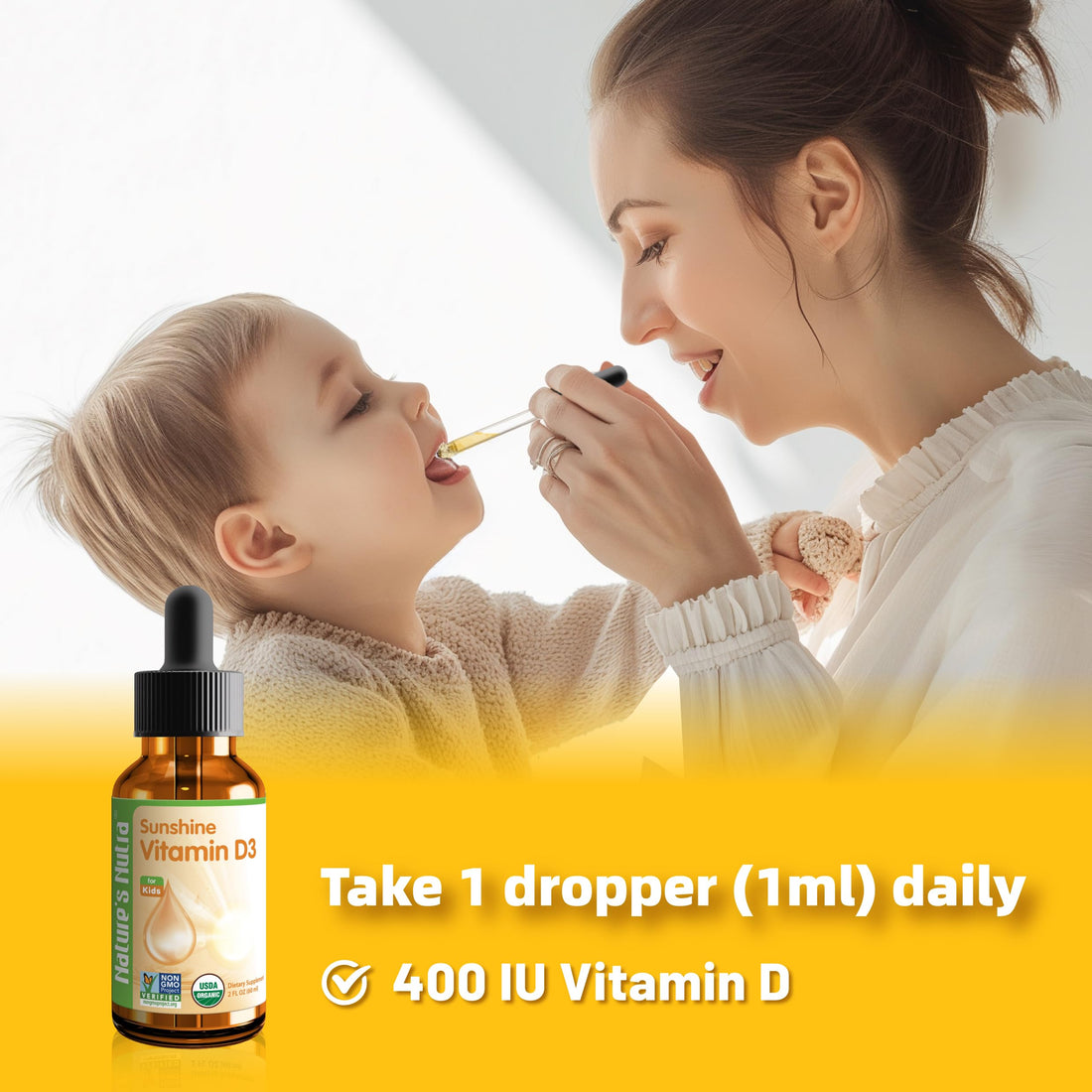 Nature's Nutra Sunshine Vitamin D3 400IU, 2 Fl. Oz (60ml), Premium Baby and Infant Liquid Drops, Toddlers Kids Children Multivitamin Supplement, Non-GMO, Plant Extract