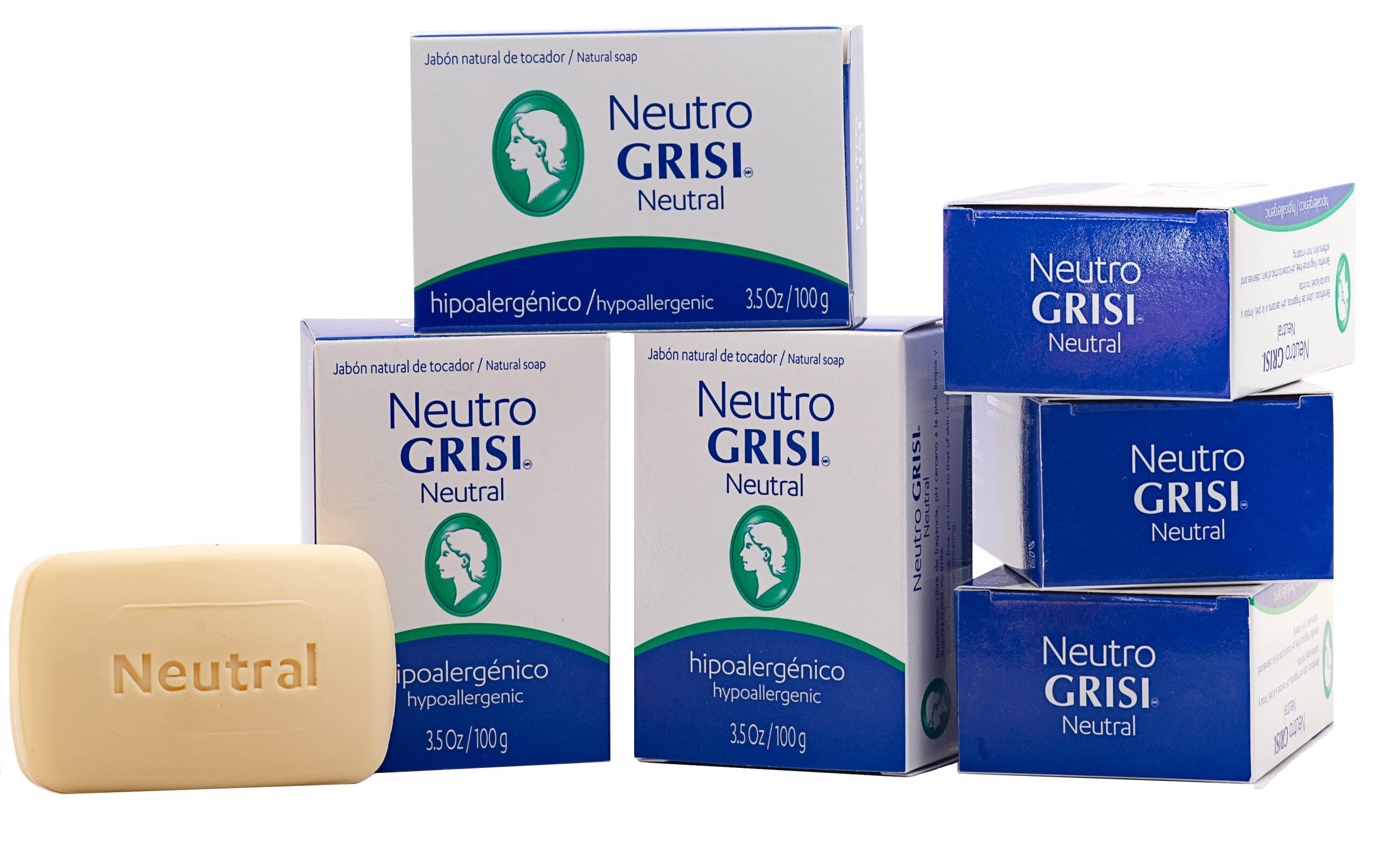 Grisi Neutral, Cleansing and Hypoallergenic Soap, Soften and Clean your skin, Non-Irritating, Fragrance-free, for All Kind of Skin, 6-Pack of 3.5 Oz each, 6 Bar Soaps.