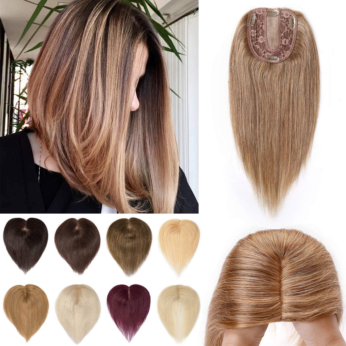 S-noilite 6 Clip in Hair Topper Human Hair 130% Density Silk Base Crown Top Hairpieces Hand Tied Hair Toupee Wiglet For Women with Thinning Hair Add Hair Volume 27g #27 Dark Blonde