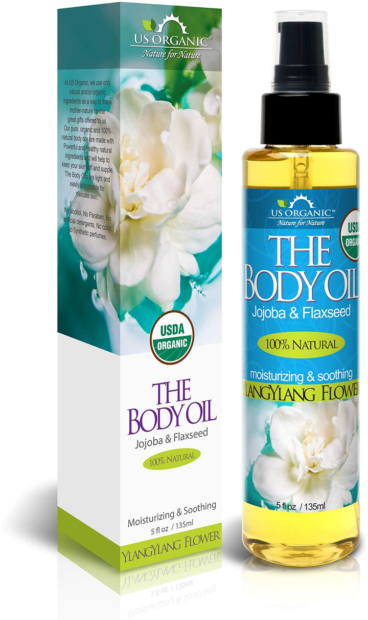 Body & Bath Oil - Rich Floral Ylang Ylang, Certified Organic by USDA, Jojoba & Flaxseed Oil w/ Vitamin E, No Alcohol, Paraben, Artificial Detergents, Color or Synthetic perfumes, 5 Fl.oz.