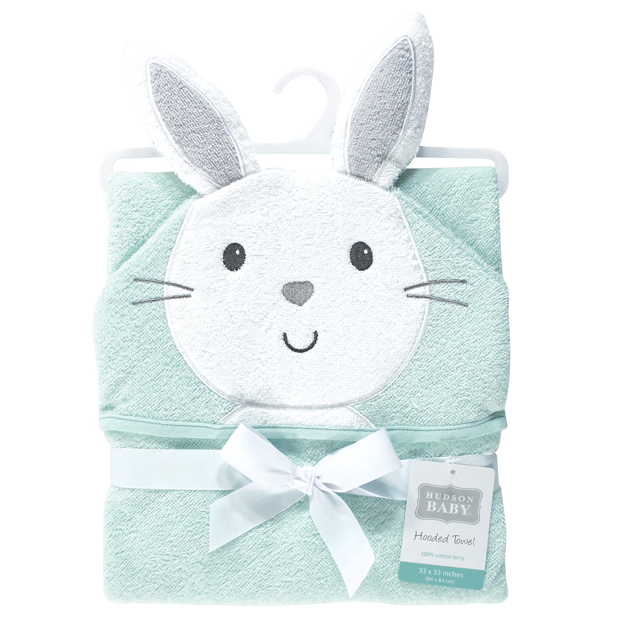 Hudson Baby Unisex Baby Cotton Animal Face Hooded Towel, Mint Bunny, One Size