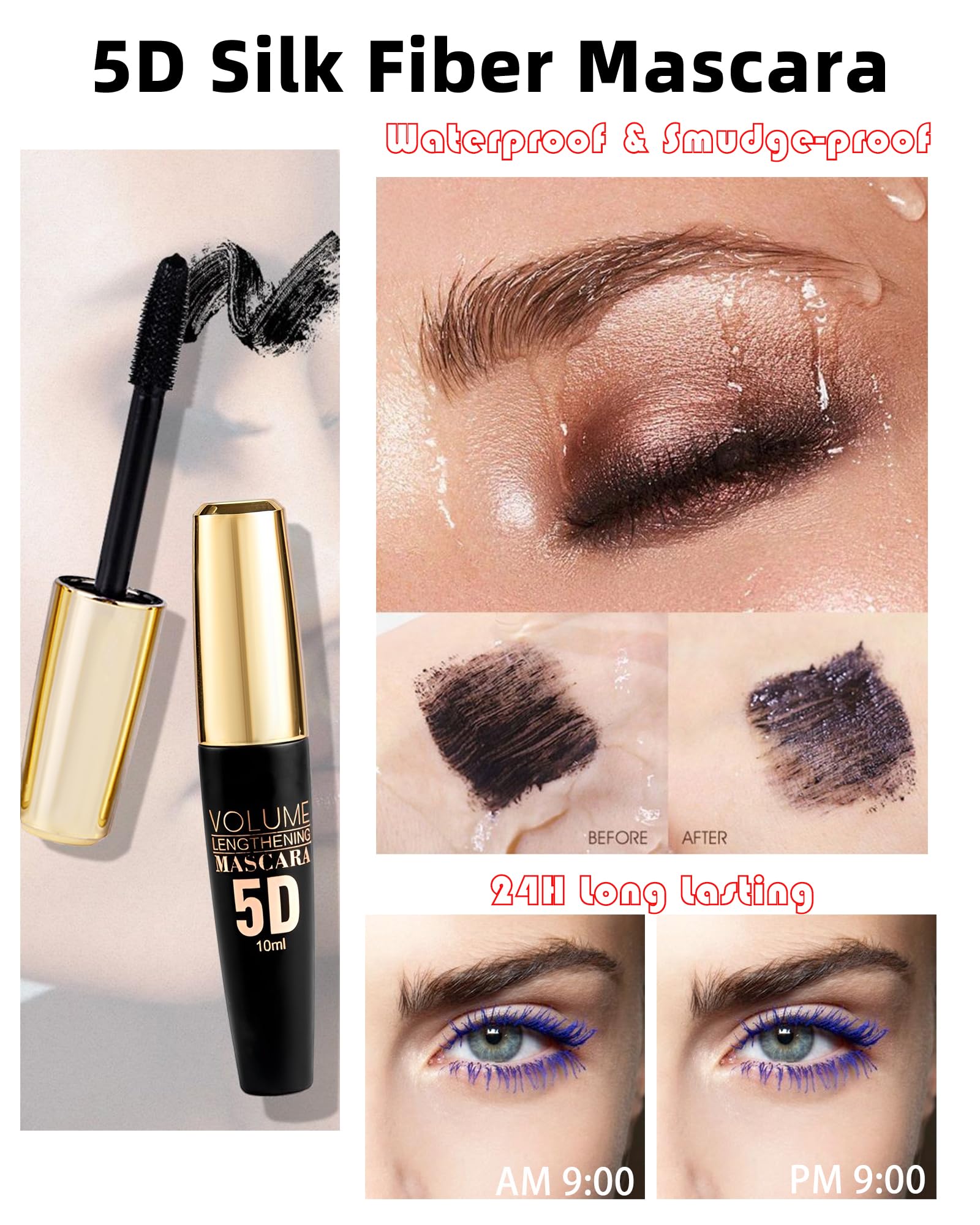 Brown Waterproof Mascara for Eyelashes, 5D Silk Fiber Lash Extension Colored Tube Mascara with Eyelash Brush, Long Lasting Curling Máscara Black Volume and Length, Eye Makeup Gift for Women