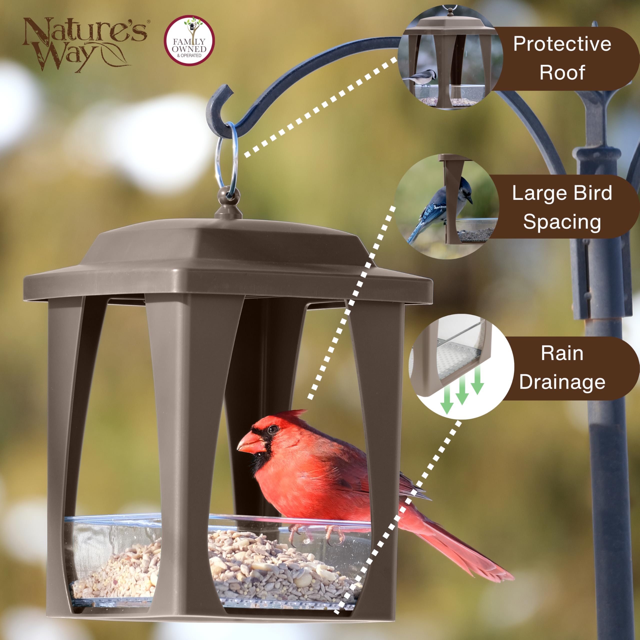 Nature's Way Dine-in Hanging Plastic Fly Through Bird Feeder with Roof, 4 Cup, Easy to Clean and Fill, Wild Bird Feeder and Outdoor Décor, Tan