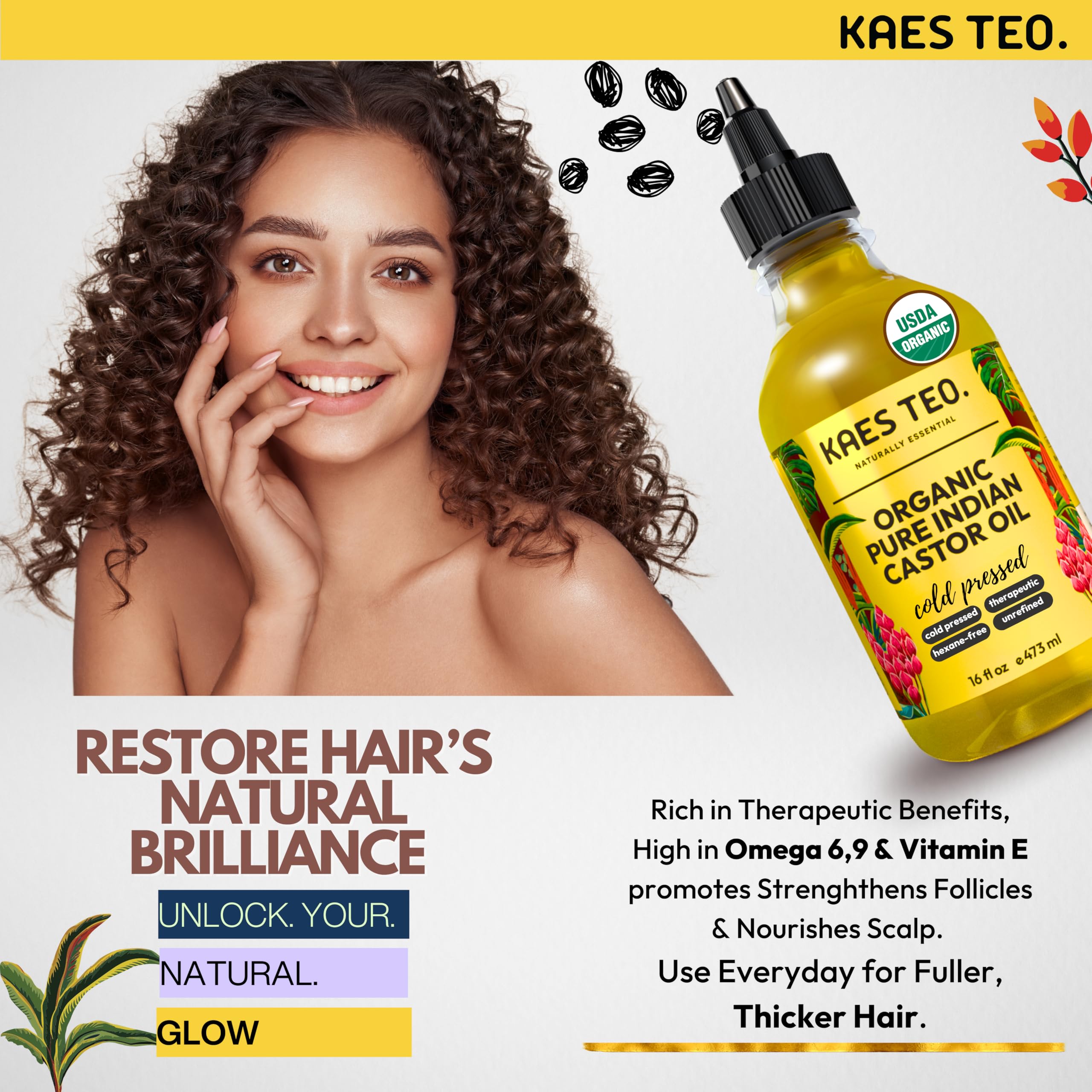 Kaes Teo Cold Pressed Organic Castor Oil Hexane Free - 16 Fl Oz - 100% Pure, Natural - Premium Grade Carrier Oil for Hair Growth, Eyelashes and Eyebrows, Skin, Nails, Face & More, Castor Oil Packs