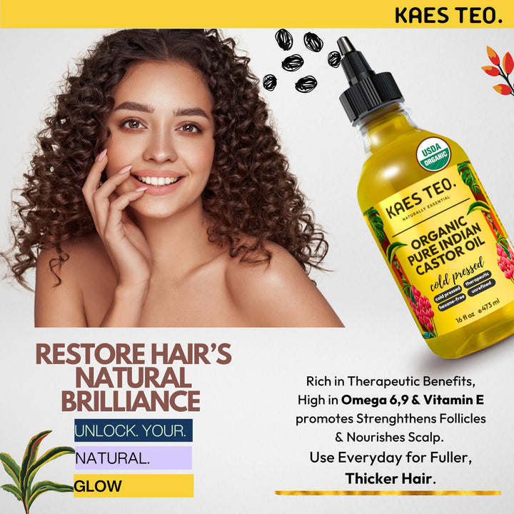 Kaes Teo Cold Pressed Organic Castor Oil Hexane Free - 16 Fl Oz - 100% Pure, Natural - Premium Grade Carrier Oil for Hair Growth, Eyelashes and Eyebrows, Skin, Nails, Face & More, Castor Oil Packs