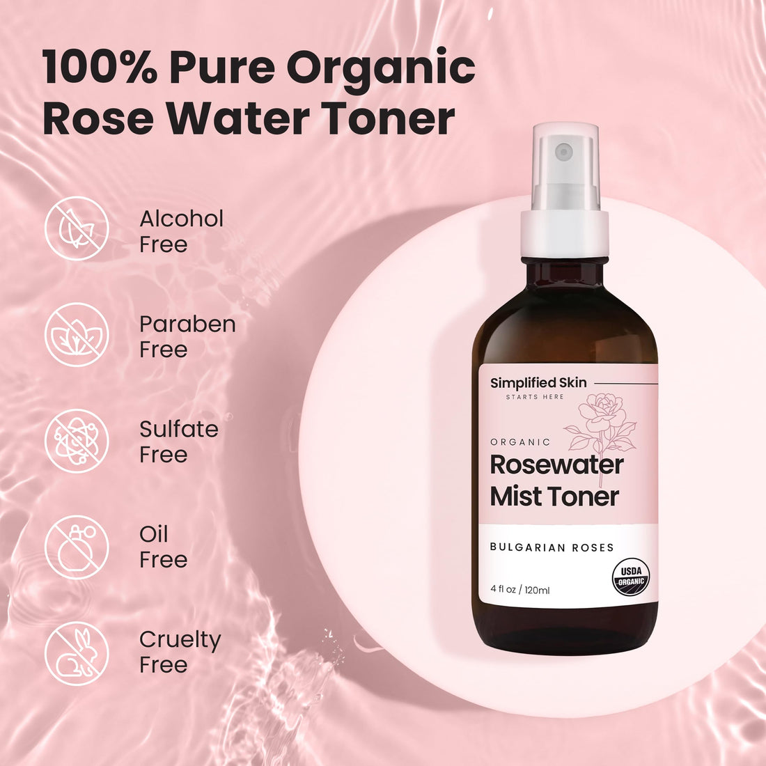 Rose Water Spray for Face & Hair - Organic USDA Certified Rosewater Facial Toner - Alcohol-Free Makeup Setting Hydrating Face Mist - Anti-Aging Toner Spray - 4 Oz