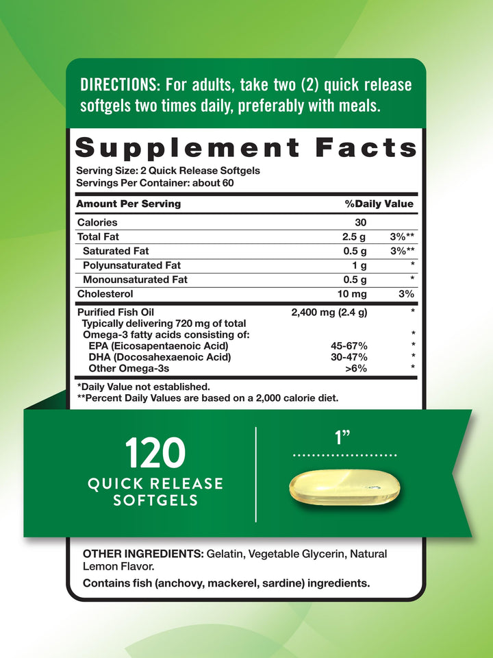 Nature's Truth Fish Oil 2400mg | 120 Quick Release Softgels | 720 mg Omega 3 | Burpless Lemon Flavor Pills | Non-GMO & Gluten Free Supplement