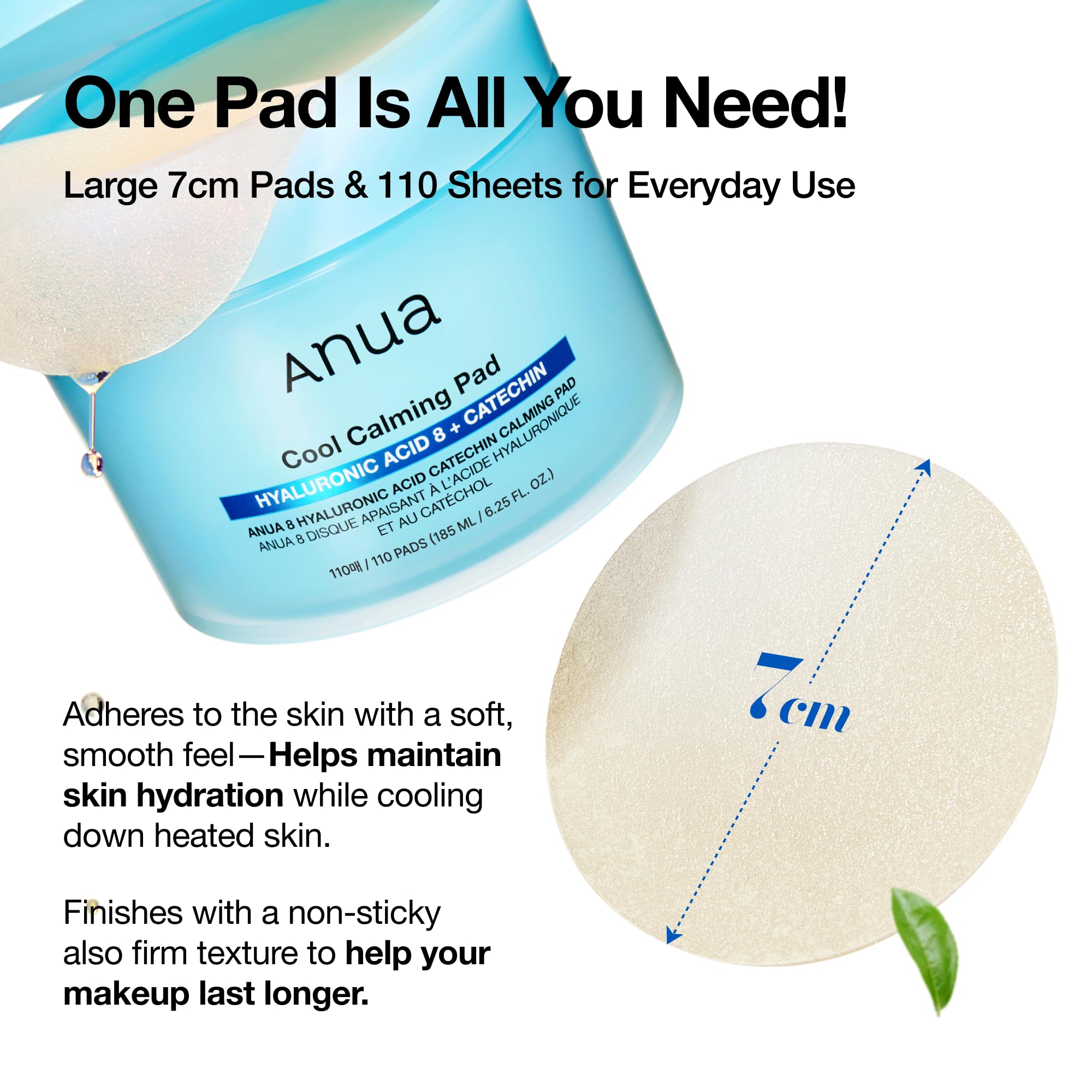 Anua 8 Hyaluronic Acid Catechin Calming Pad, Pore Care & Cooling Effect with Korean Toner pad, Quick & Easy Hydrating Daily Face Mask, Makeup Prep Routine, Korean Skin Care (185ml,110 Pads)