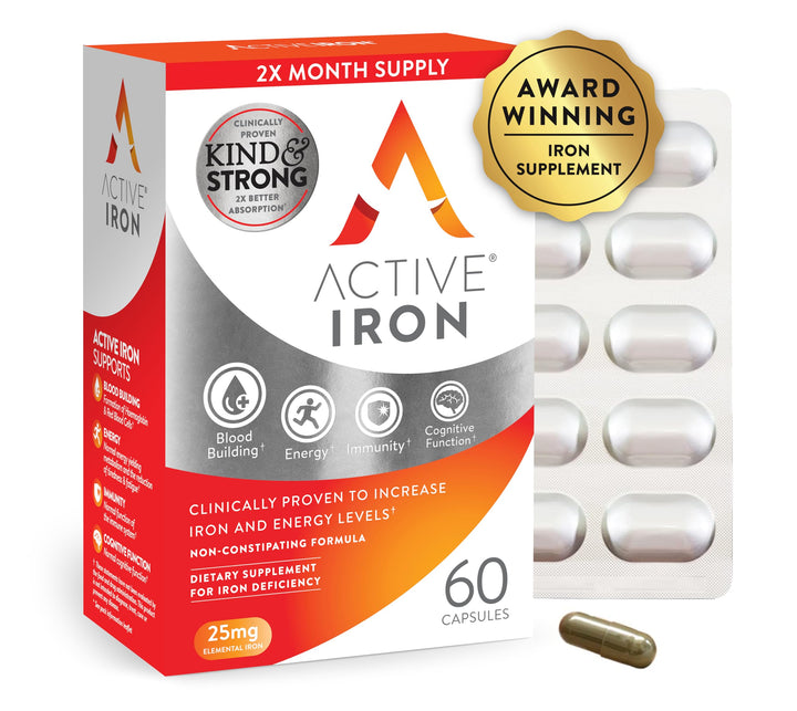 Active Iron High Potency Iron Supplement, Non-Constipating Gentle Iron Pills for Women & Men, 2X Better Absorption, Clinically Proven to Increase Iron & Energy Levels, 25mg (60 Capsules)