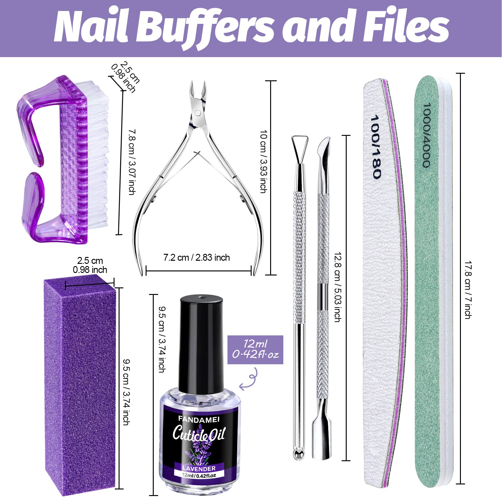 FANDAMEI Nail Files and Buffers, Nail Cuticle Remover Kit with Nail File, Nail Buffer, Nail Buffer Block, Cuticle Nipper, Cuticle Pusher, Cuticle Peeler. Nail Cuticle Oil Lavender for Nail Care