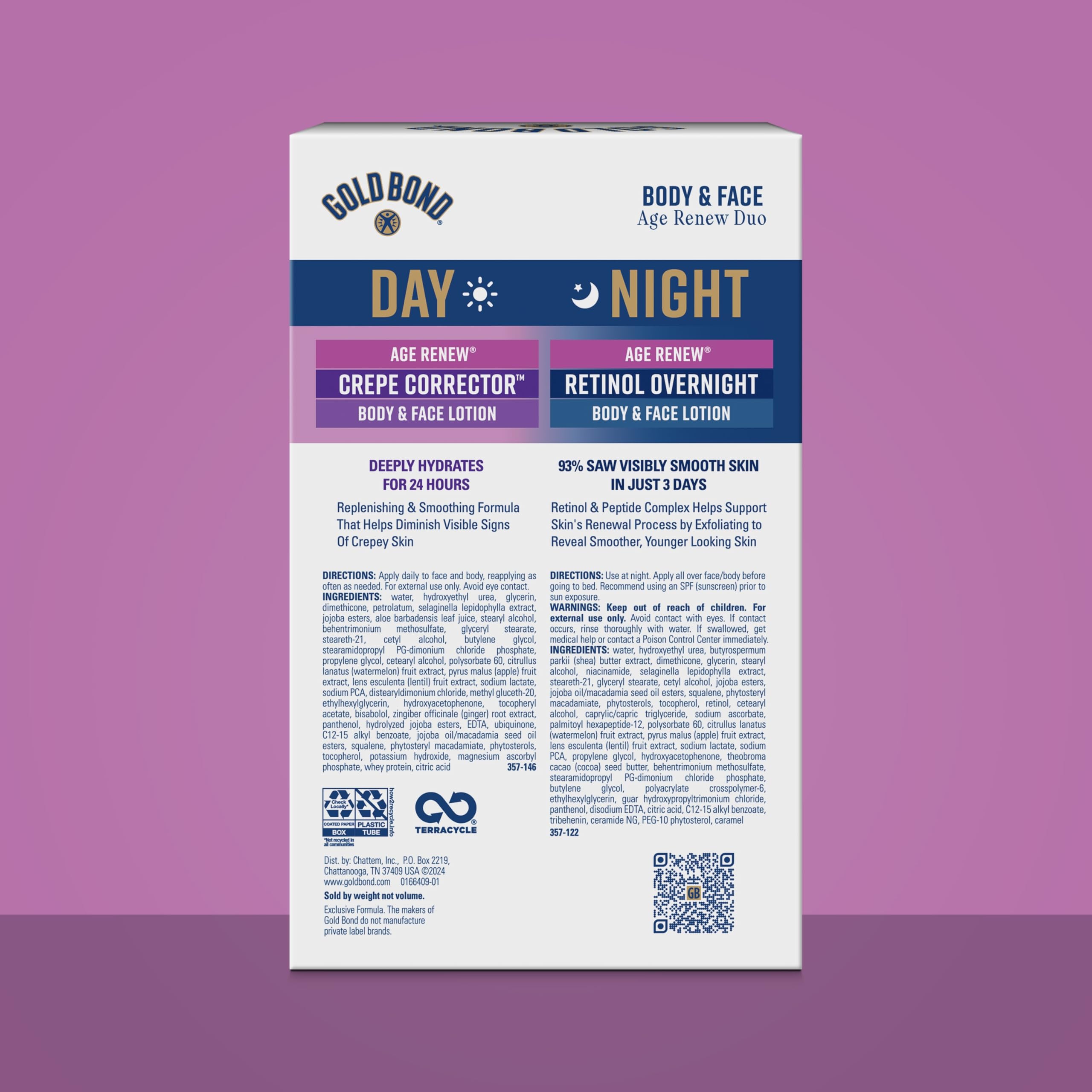 Gold Bond Age Renew Day & Night Duo Lotion Set for Body & Face, Crepe Corrector Lotion, Visibly Firms Skin Retinol Overnight Lotion, Visibly Smooths Skin, 8.6 oz.