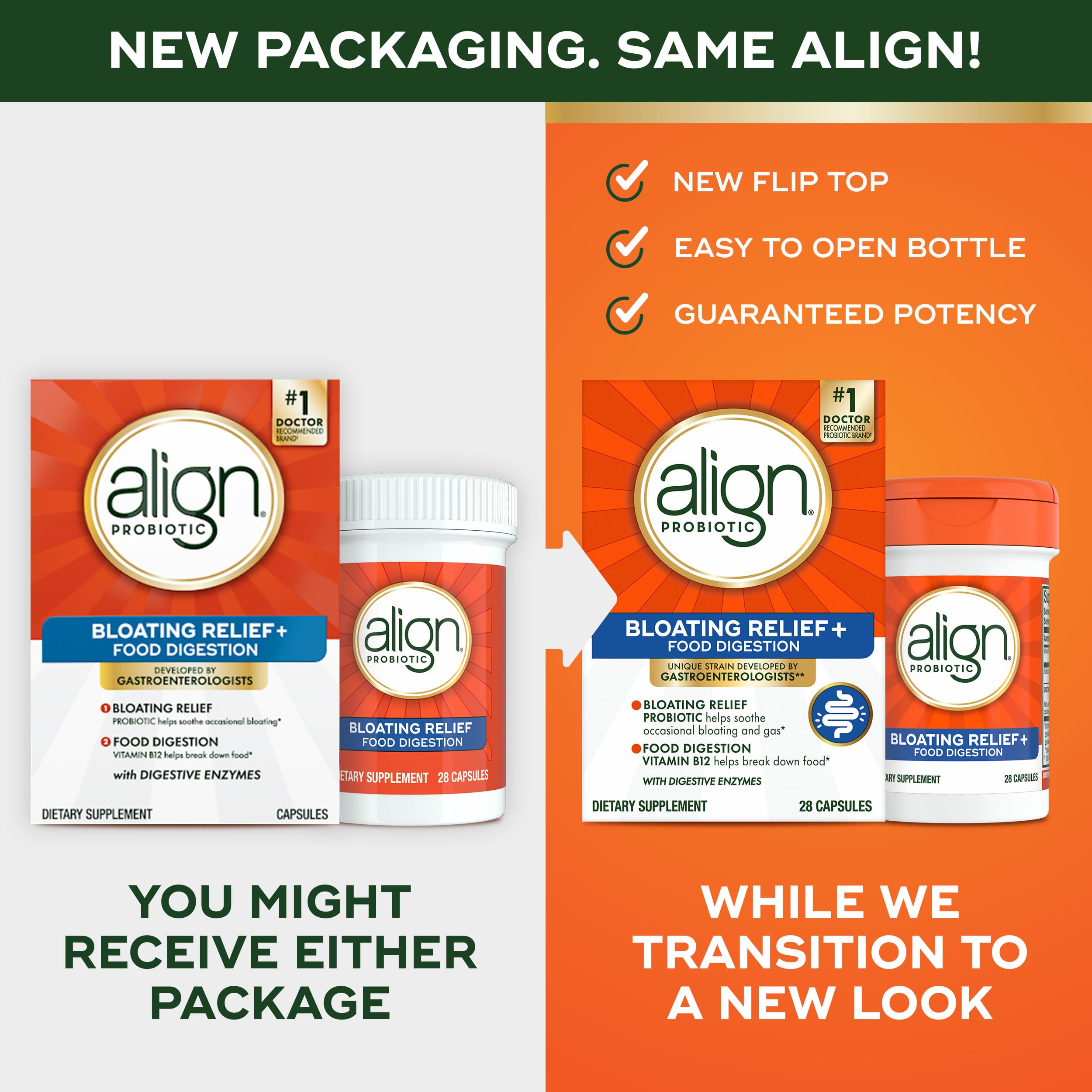 Align Probiotic Bloating Relief + Food Digestion, Probiotics for Women and Men, Promotes Digestive Health and Helps Support the Metabolism of Food*, 28 Capsules (Packaging May Vary)