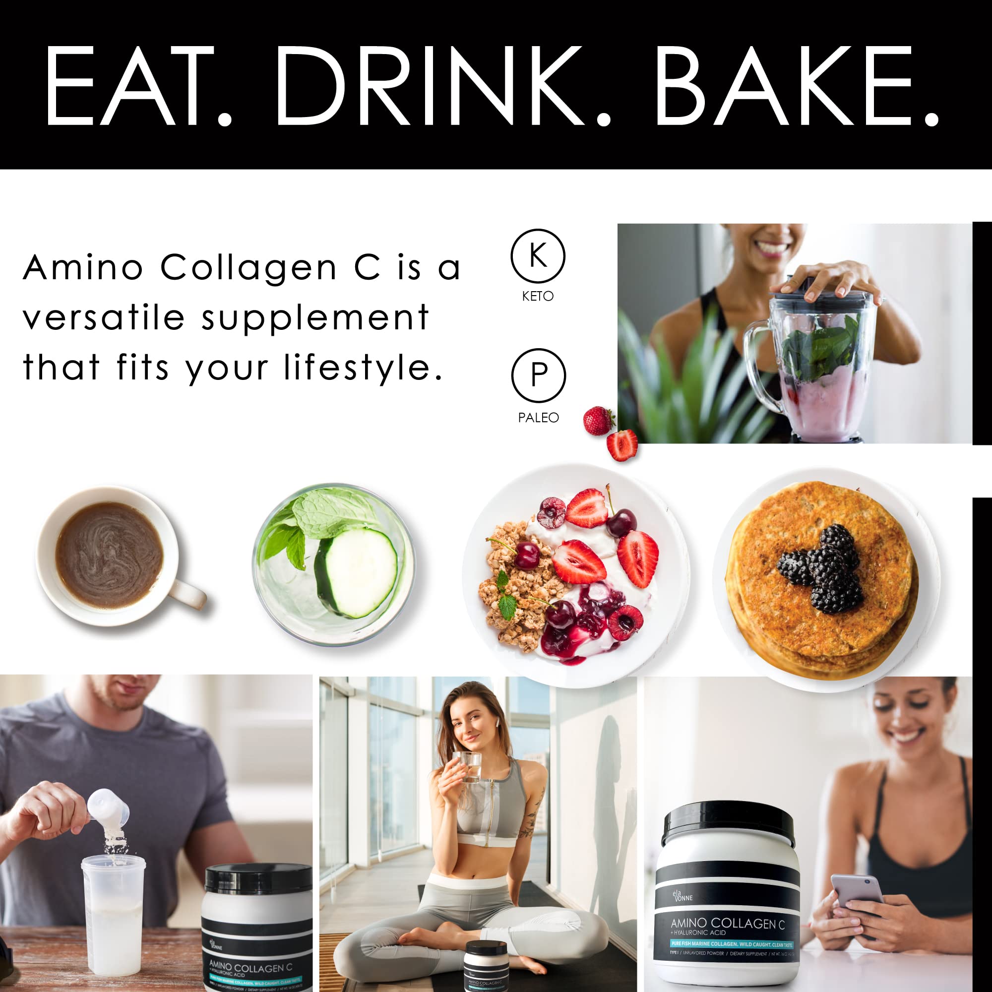 Amino Collagen C with Hyaluronic Acid (60 Servings _ 16oz _456g) - Non-GMO Marine Collagen Peptides - Hydrolyzed Powder - Unflavored - No Sugar - For Firm Skin, Hydration, Healthy Joints and Gut.