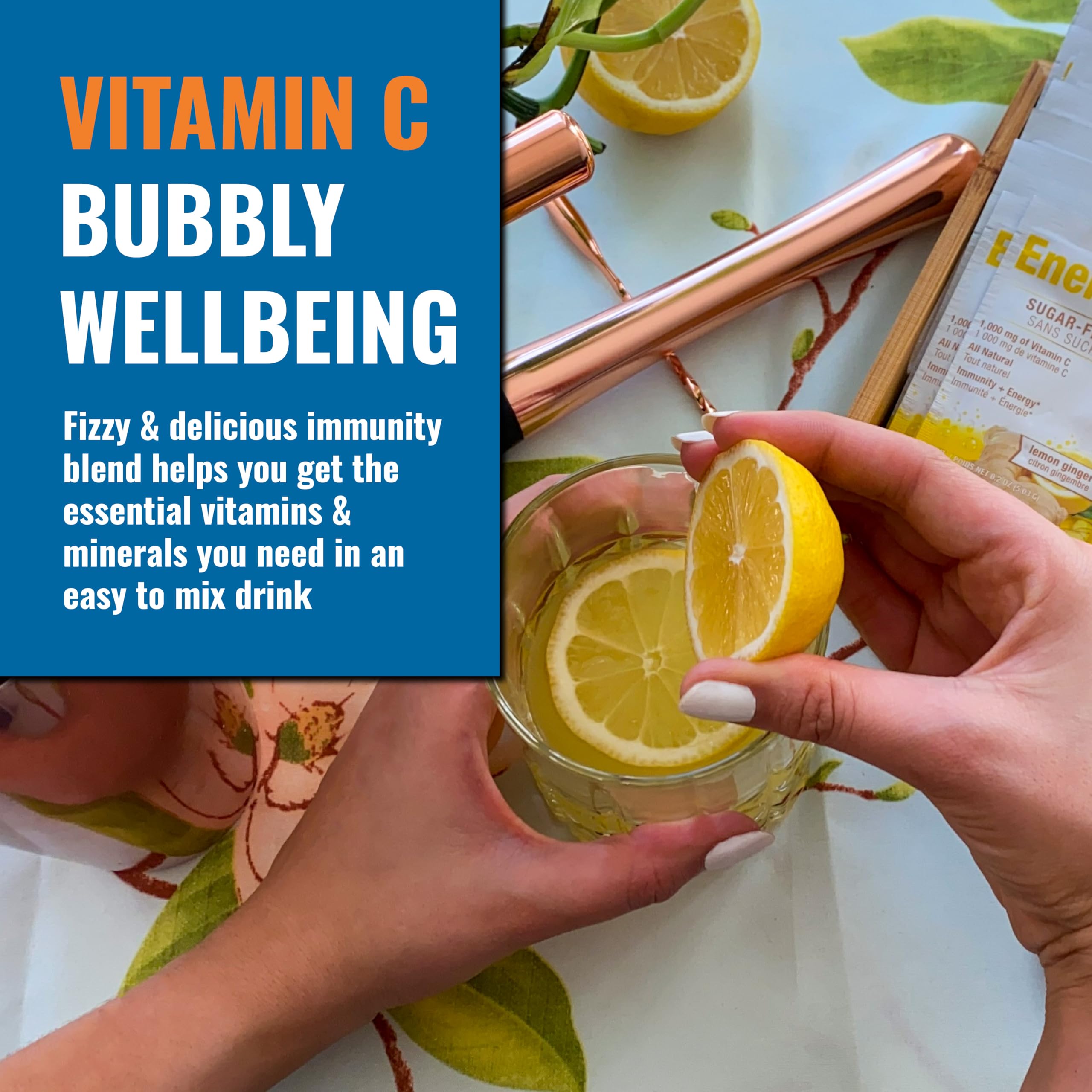 Ener-C Sugar Free Lemon Ginger Multivitamin Drink Mix, 1000mg Vitamin C, Non-GMO, Vegan, Real Fruit Juice Powders, Natural Immunity Support, Electrolytes, Gluten Free, 1-Pack of 30