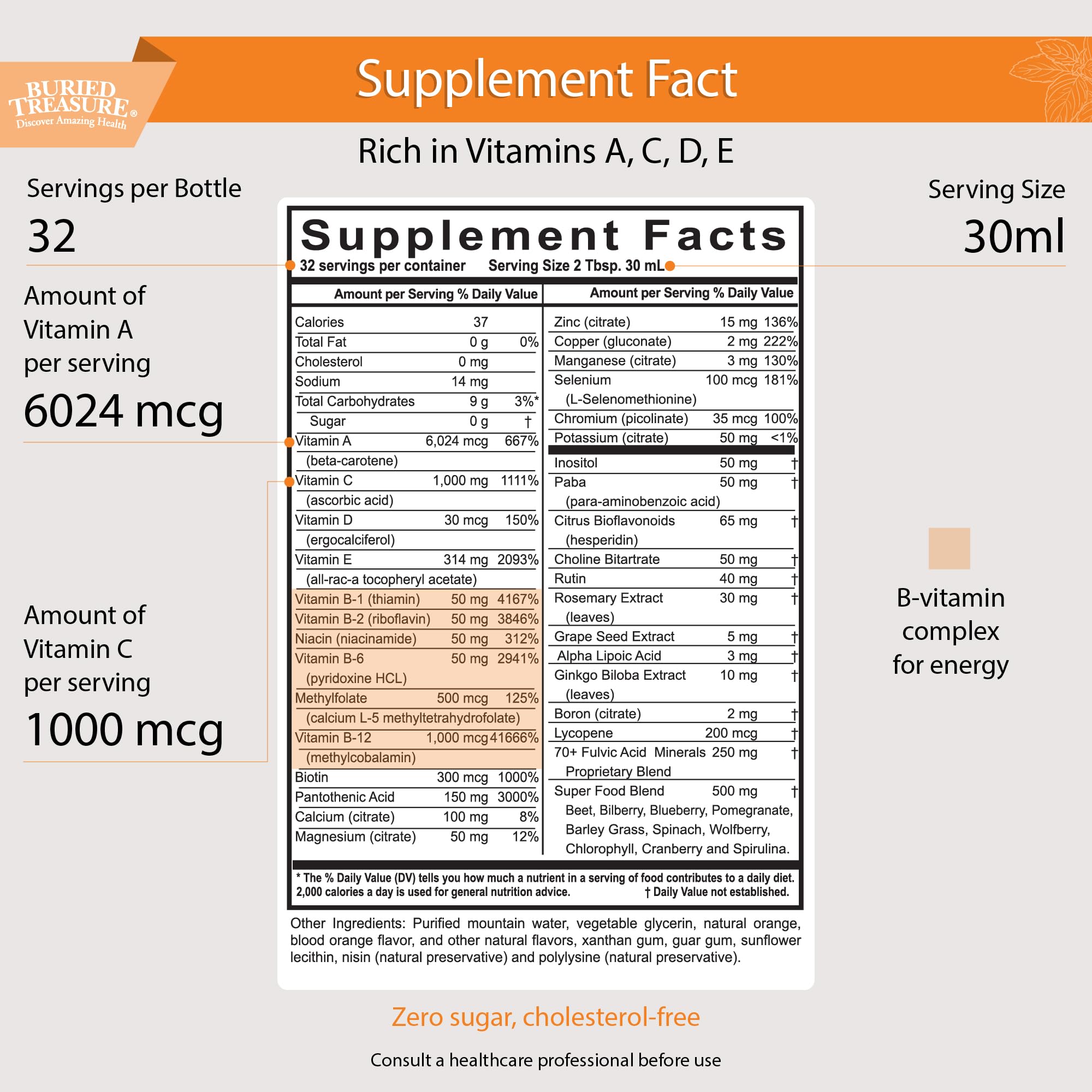 Buried Treasure VM100 Complete Daily Liquid Vitamins and Minerals plus Antioxidants Supplement for Maximum Absorption Great Tasting Orange Zest Flavor 32 Servings 32 Ounce