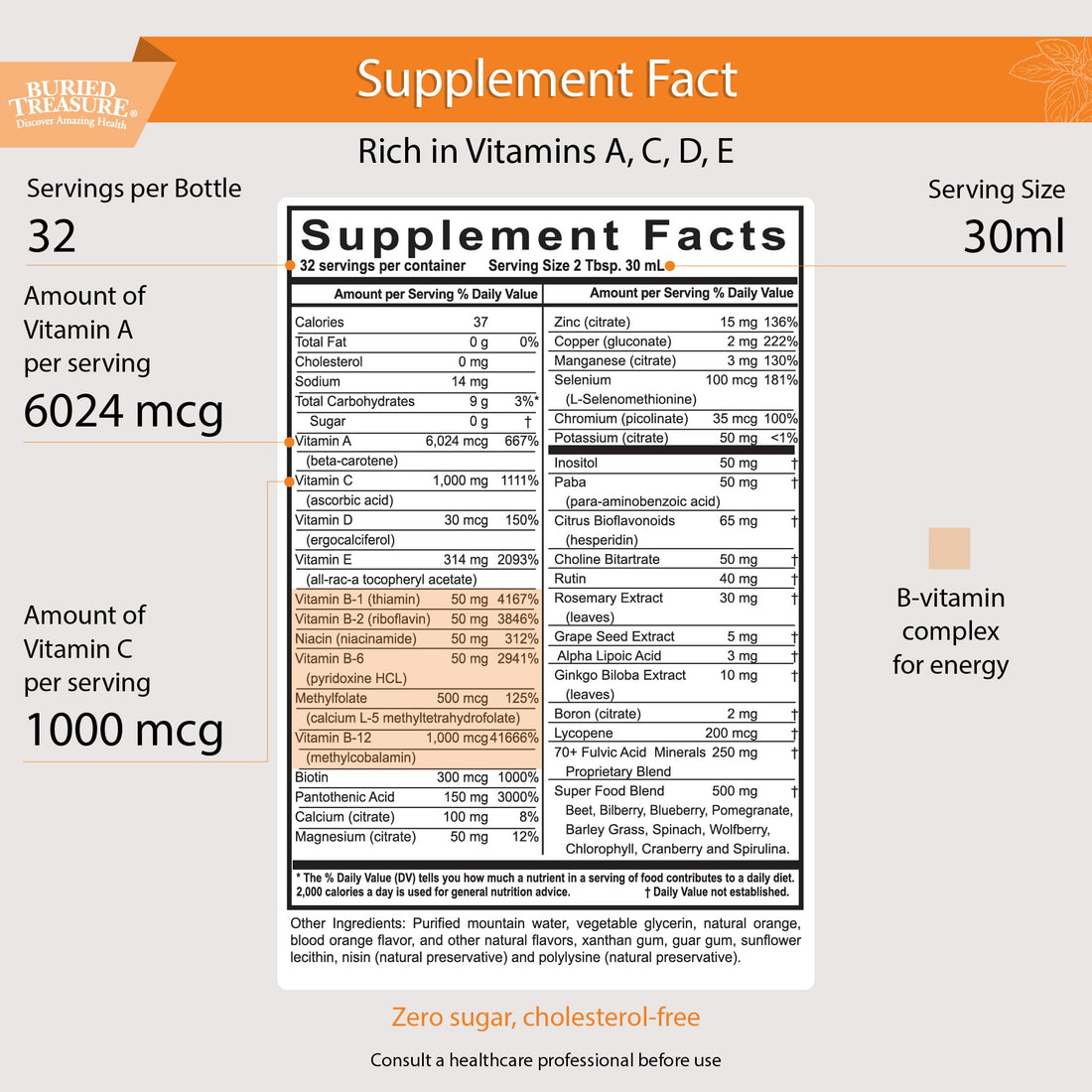 Buried Treasure VM100 Complete Daily Liquid Vitamins and Minerals plus Antioxidants Supplement for Maximum Absorption Great Tasting Orange Zest Flavor 32 Servings 32 Ounce