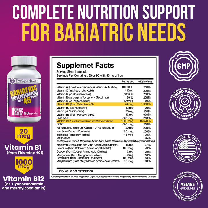ProCare Health Bariatric Multivitamin with Iron 45mg (90 Easy to Swallow Capsules) - Post Op Bariatric Vitamins for Gastric Bypass Pills for Sleeve Patients, Sustain Recovery & Energy (3 Month Supply)