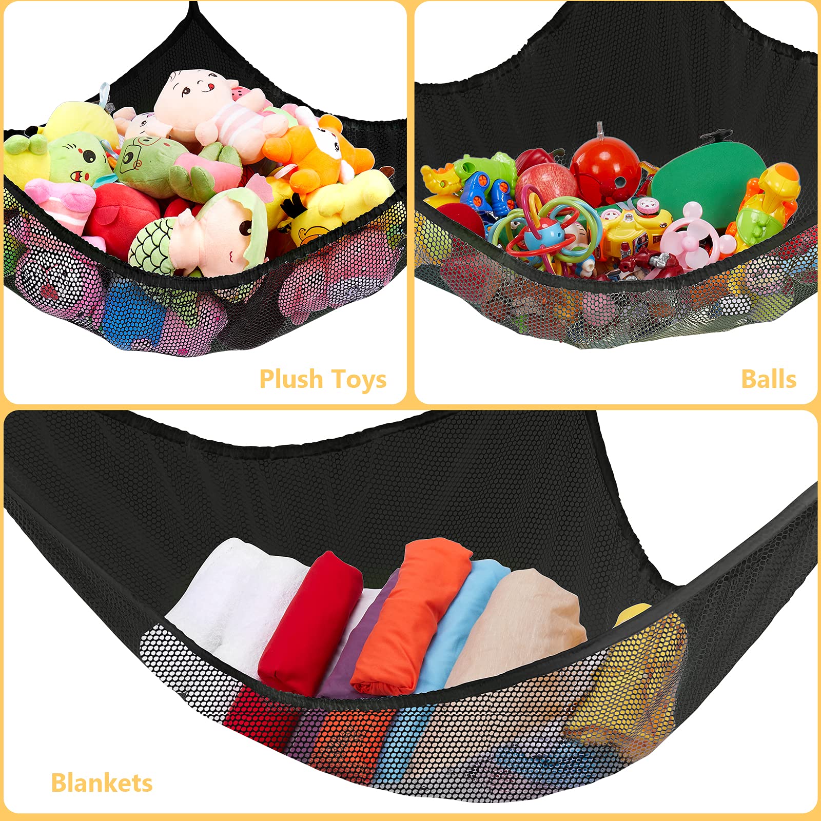 KOHUIJOO Stuffed Animal Net or Hammock, Stuffed Animal Net, Jumbo Toy Net Hammock for Stuffed Animals Wall Sling Corner Extra Large Kids Children Mesh Toy Net Organizer (Black 2 Pack, 83 Inch)