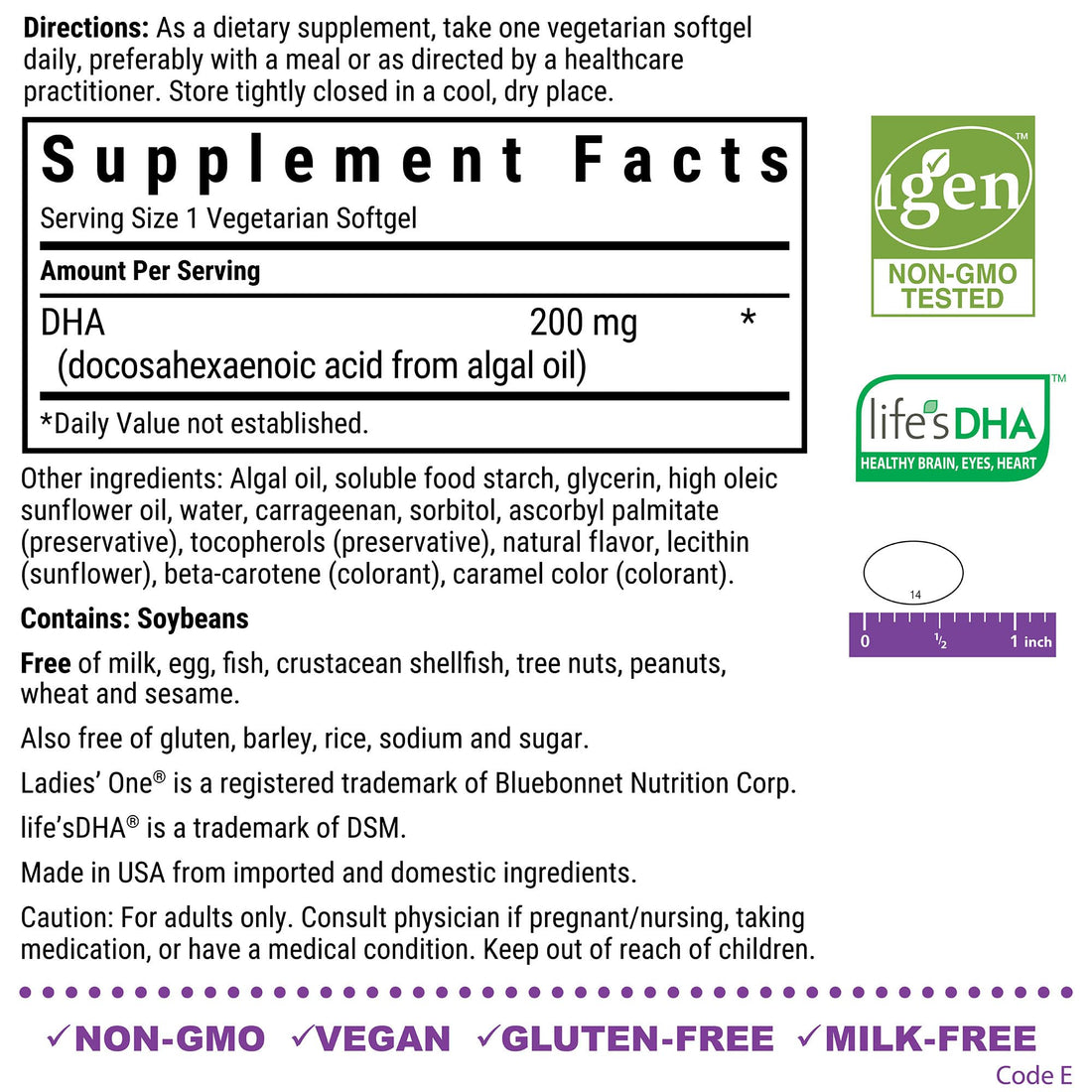 Bluebonnet Nutrition Ladies' One Prenatal DHA, Daily Nutrition for Prenatal Health*, Non-GMO, Vegan, Gluten-Free, 30 Vegetarian Softgels, 30 Servings
