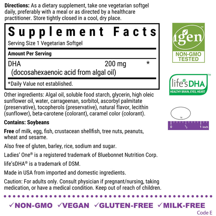 Bluebonnet Nutrition Ladies' One Prenatal DHA, Daily Nutrition for Prenatal Health*, Non-GMO, Vegan, Gluten-Free, 30 Vegetarian Softgels, 30 Servings