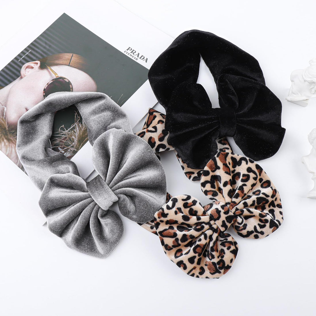 YanJie Leopard Baby Girl Hair Bow Headbands Soft Velvet Baby Bows Newborn Handmade Hair Hairbands Accessories Wide Headwraps for Toddler Kids Infant Photography Prop Gray Black