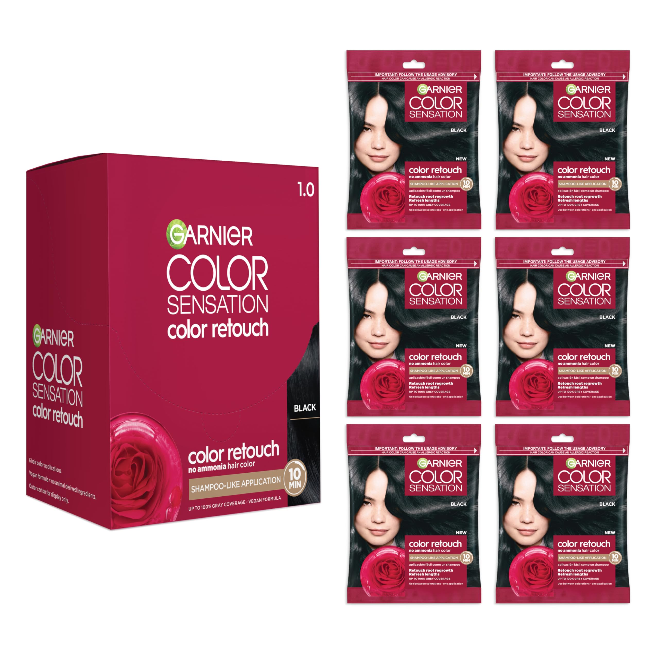 Garnier Color Sensation Color Retouch, Demi Permanent Hair Dye for Roots and Lengths with 100% Gray Coverage, Black Hair Dye, Pack of 6