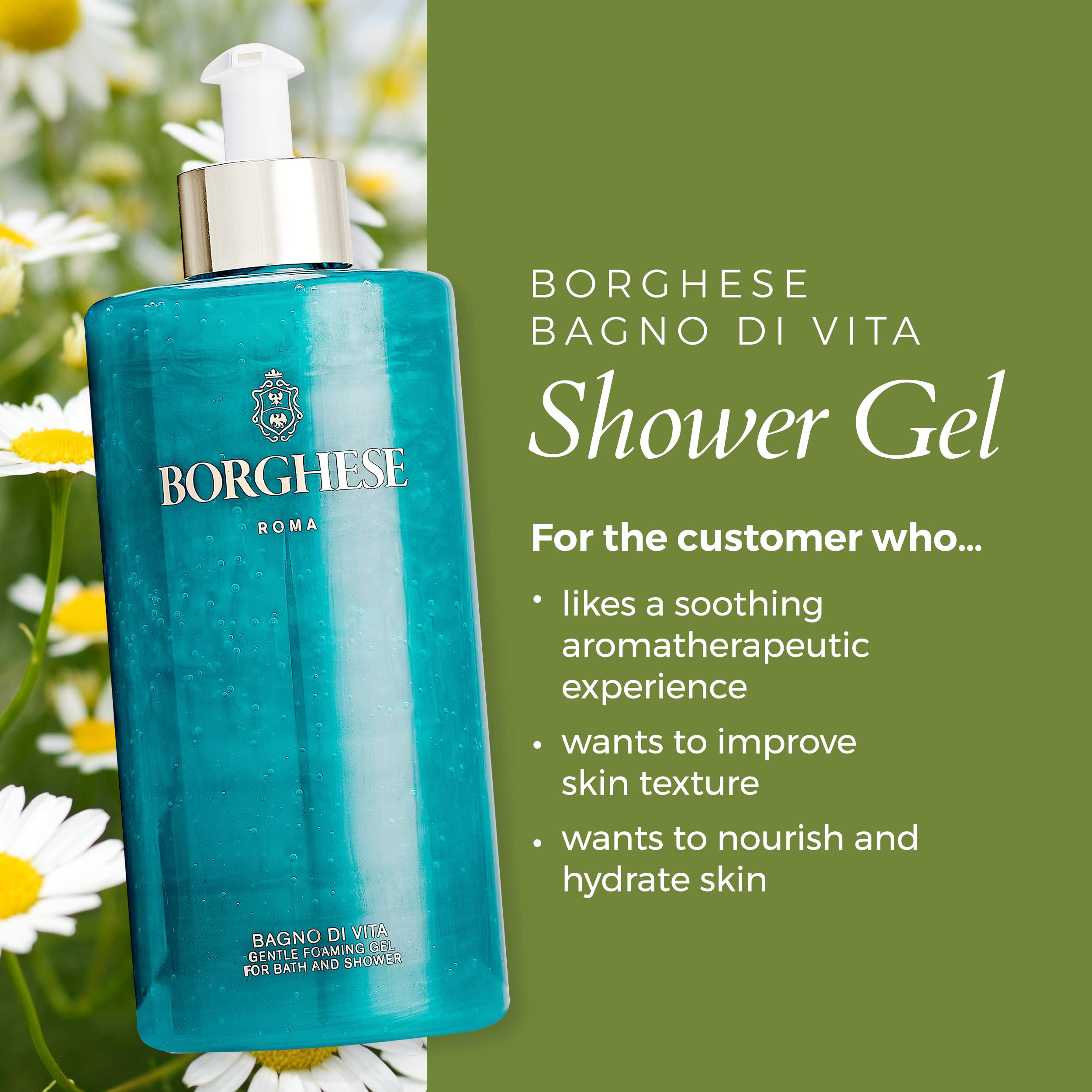 Borghese Bagno di Vita Gentle Foaming Bath & Shower Gel - Aromatherapy Hydrating Body Wash with Thyme, Chamomile & Sweet Almond Oil For All Skin Types