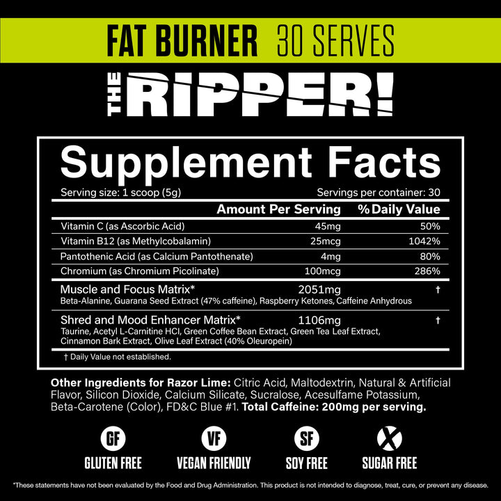 JNX SPORTS The Ripper! Shredding Thermogenic Fat Burner - Razor Lime 30 Servings | Advanced Fast Acting Thermogenic Pre-Workout, Appetite Suppressant for Men & Women