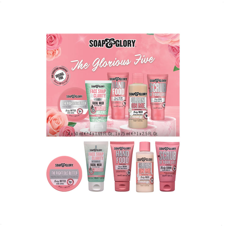 Soap & Glory The Glorious Five Skin Care Gift Set - The Righteous Body Butter Cream, Hand Food Hand Cream, Clean on Me Shower Gel, Vitamin C Facial Cleanser & Exfoliating Body Scrub (5 Count)