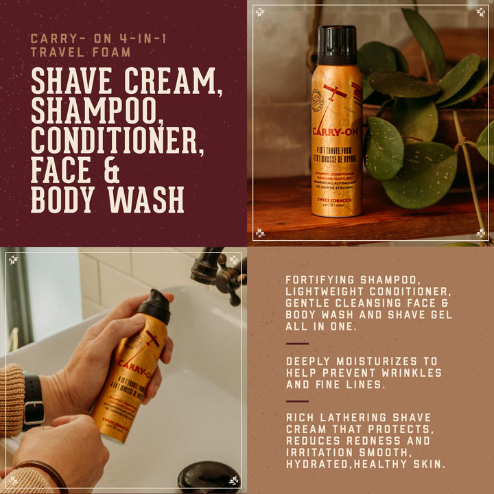 18.21 Man Made Carry On Sweet Tobacco 4-in-1 Travel Foam, Shampoo, Conditioner, Wash & Shave, Carry-On Friendly, 3.4 fl. oz