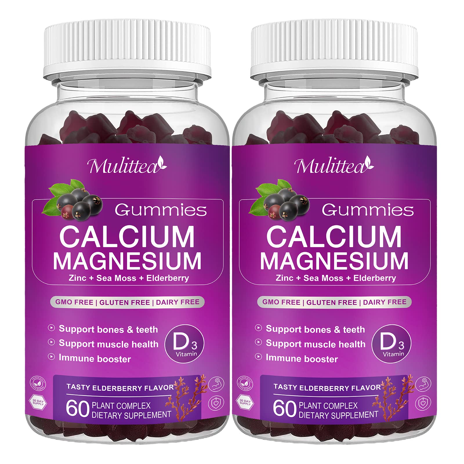 Calcium Magnesium Zinc Gummies with High Absorption Magnesium Glycinate 200mg, Potassium -Plant Calcium Supplement w/ D3 & Sea Moss for Bone, Muscles, Calm Mood & Sleep Support- Kids & adults (2 Pack)