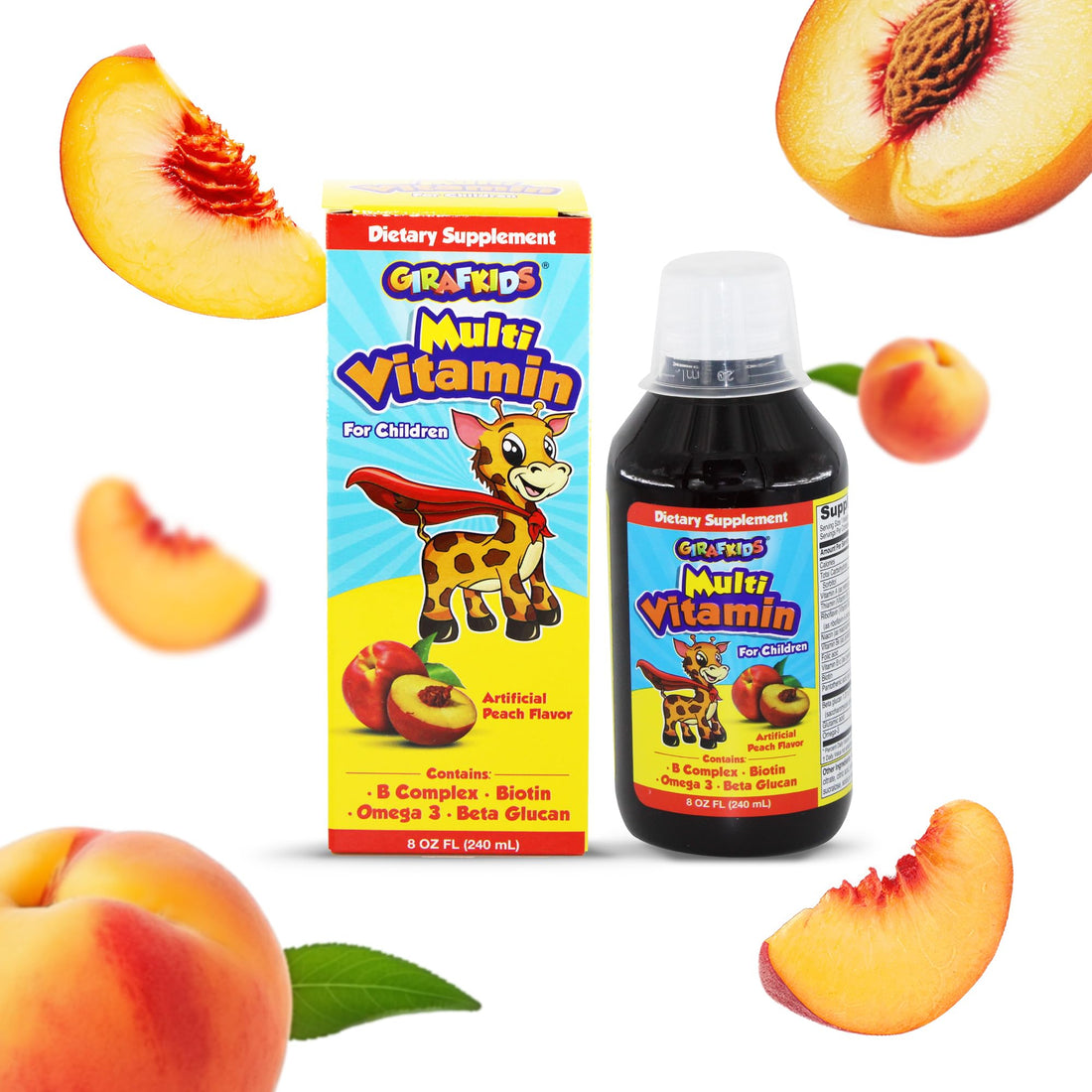 GirafKids Multivitamin Syrup for Children, 8oz | Daily Multivitamin for Kids Ages +4 with Omega-3, Beta Glucan & Folic Acid for Energy and Growth | Delicious Peach Flavor | Liquid Dietary Supplement
