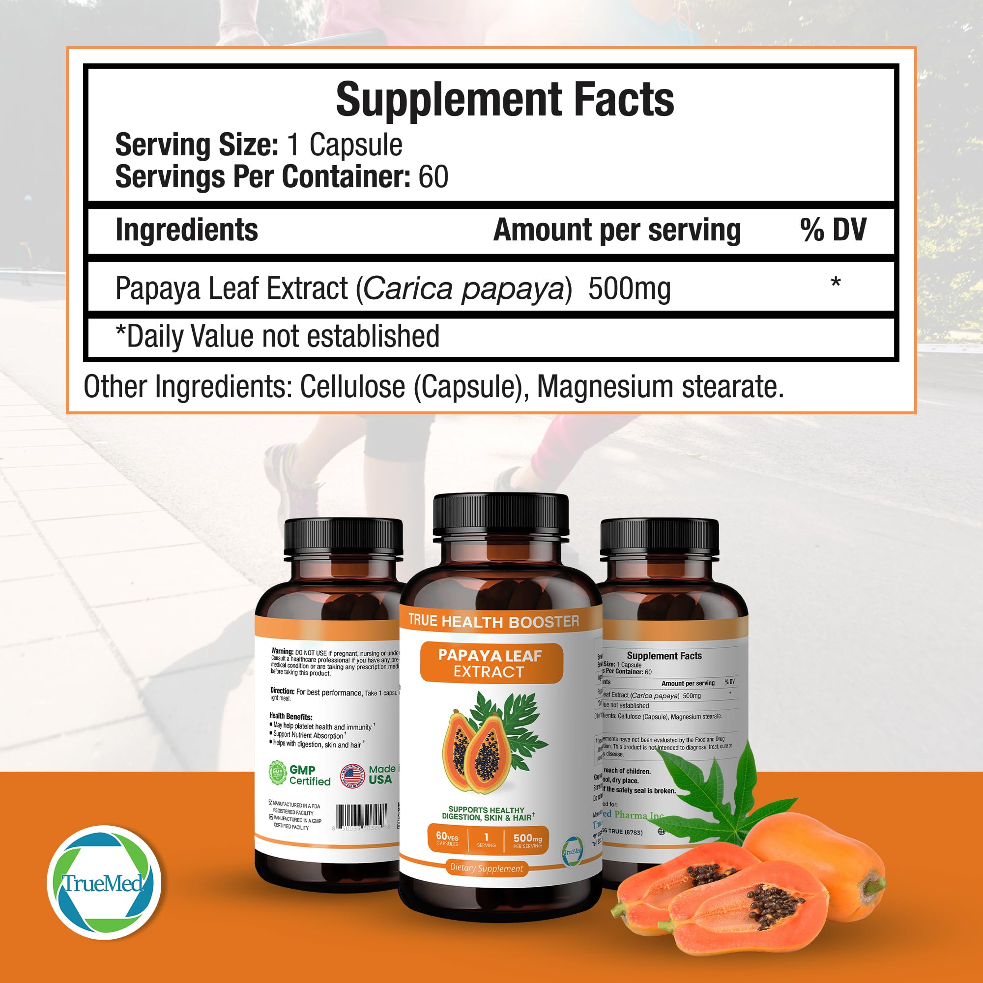 TrueMed Papaya Leaf Extract 500 mg Supports Digestive Health, Skin, Hair & Immunity Promotes Platelet Health & Nutrient Absorption 60 Veg Capsules Natural Antioxidant