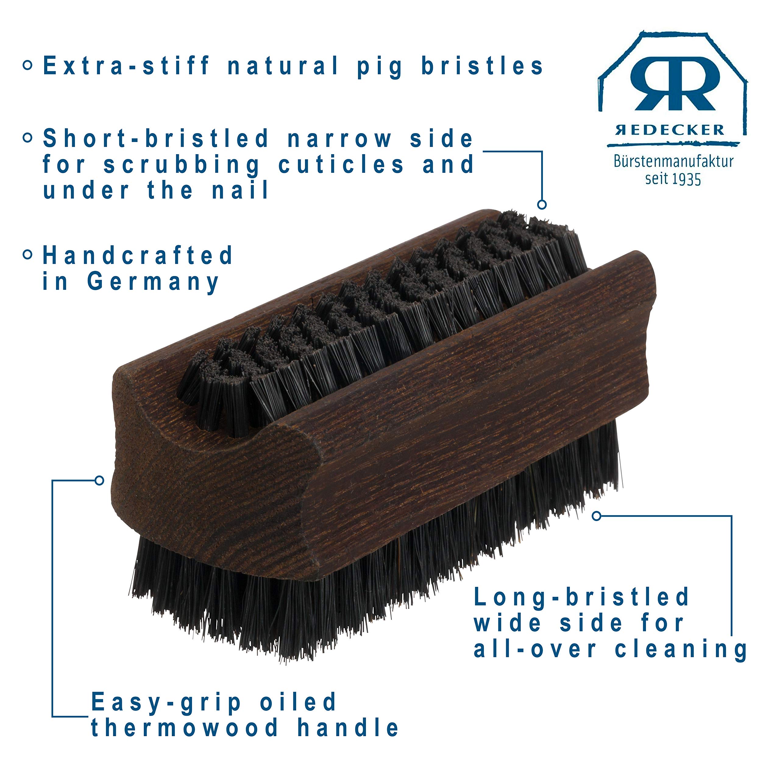 Set of 1, Oiled Thermowood with Black Pig Bristle : Bürstenhaus Redecker Natural Pig Bristle Nailbrush with Oiled Thermowood Handle, 3-3/4-Inches by 1-3/8-Inches, Black
