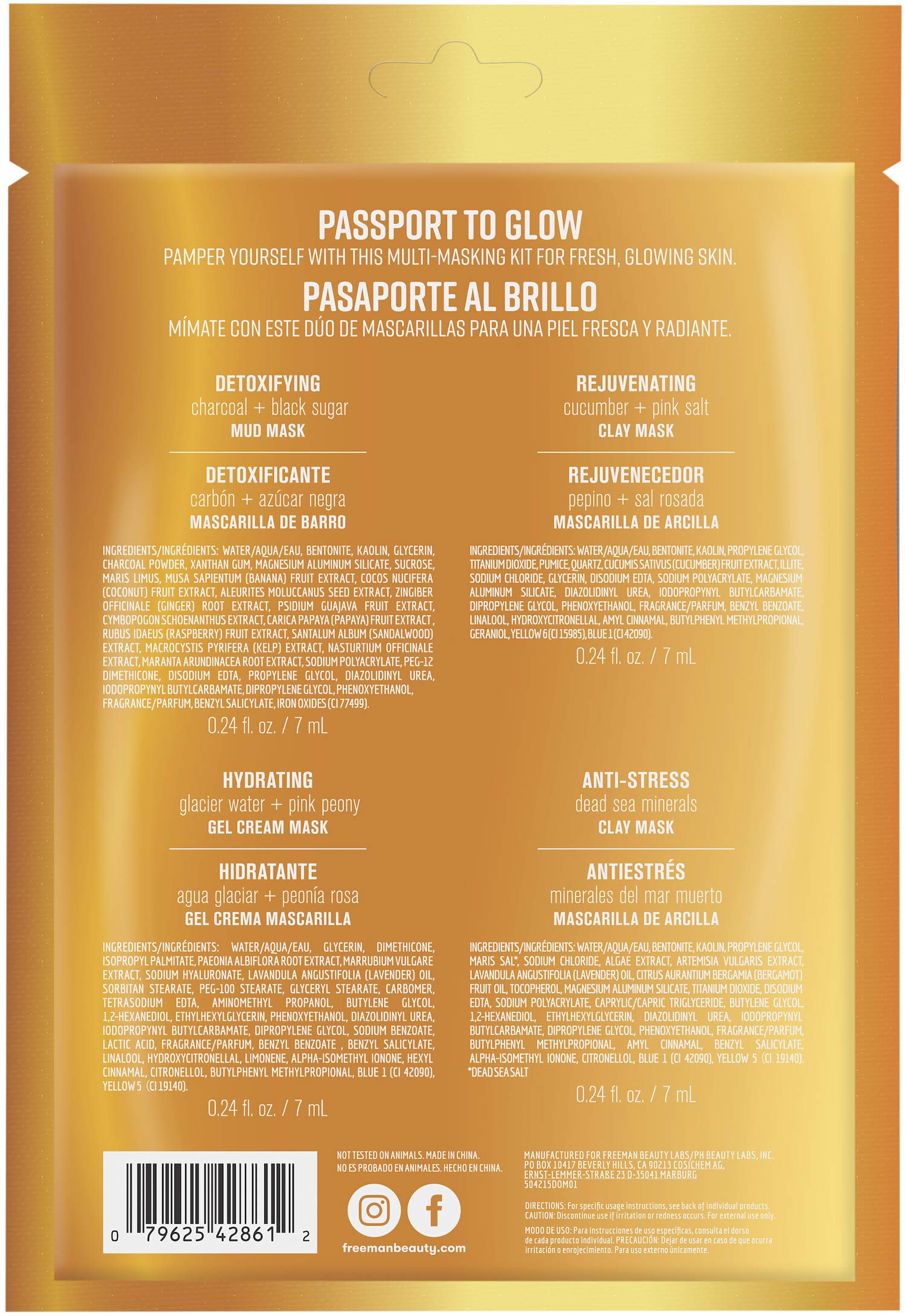 Freeman Passport to Glow Facial Mask Holiday Stocking Stuffer, Set of 4 sachets + Passport Holder