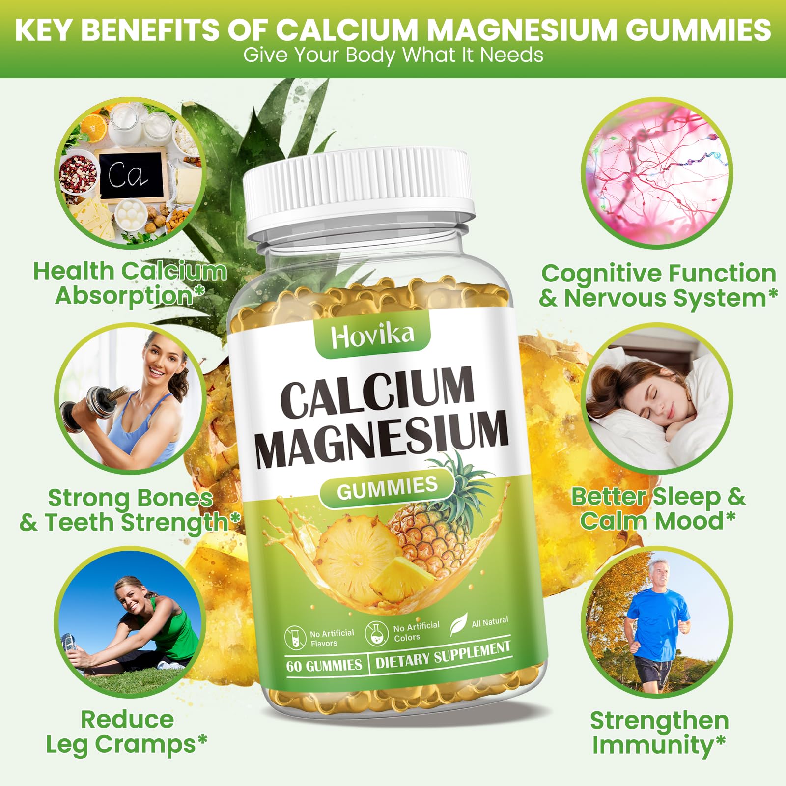 Calcium Magnesium Zinc Gummies, Calcium Magnesium 2:1 Ratio with Vitamin D3, K2, B6, B12 for Bone Strength, Muscle Function & Nerve Health, Extra Absorption Formula, Vegan, Pineapple Flavor 60 Gummies