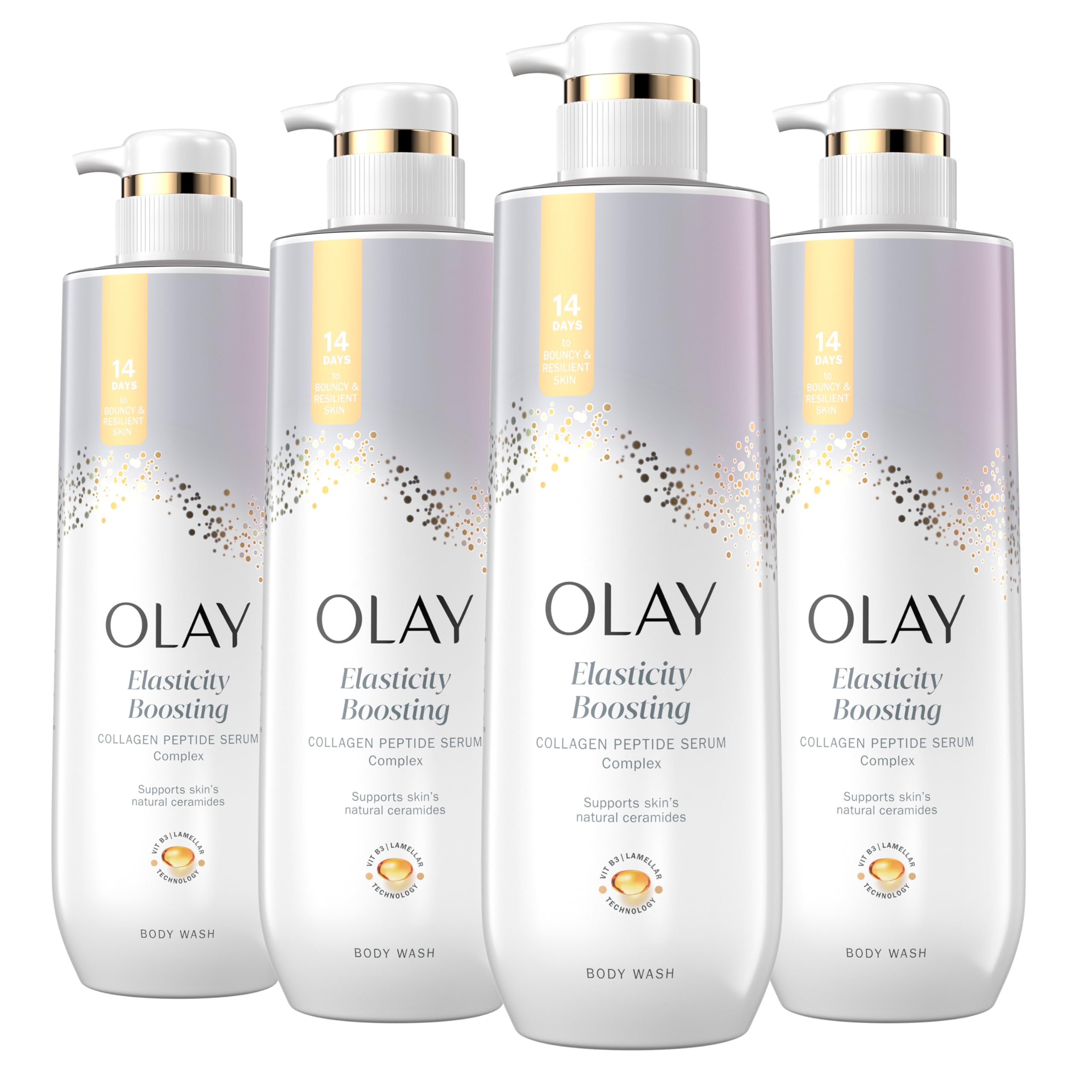 Olay Body Wash for Women, Elasticity Boosting, Collagen Peptide Serum Complex, Renews Moisture, Vitamin B3 Lameller Technology, For All Skin Types, 20 fl oz (Pack of 4)