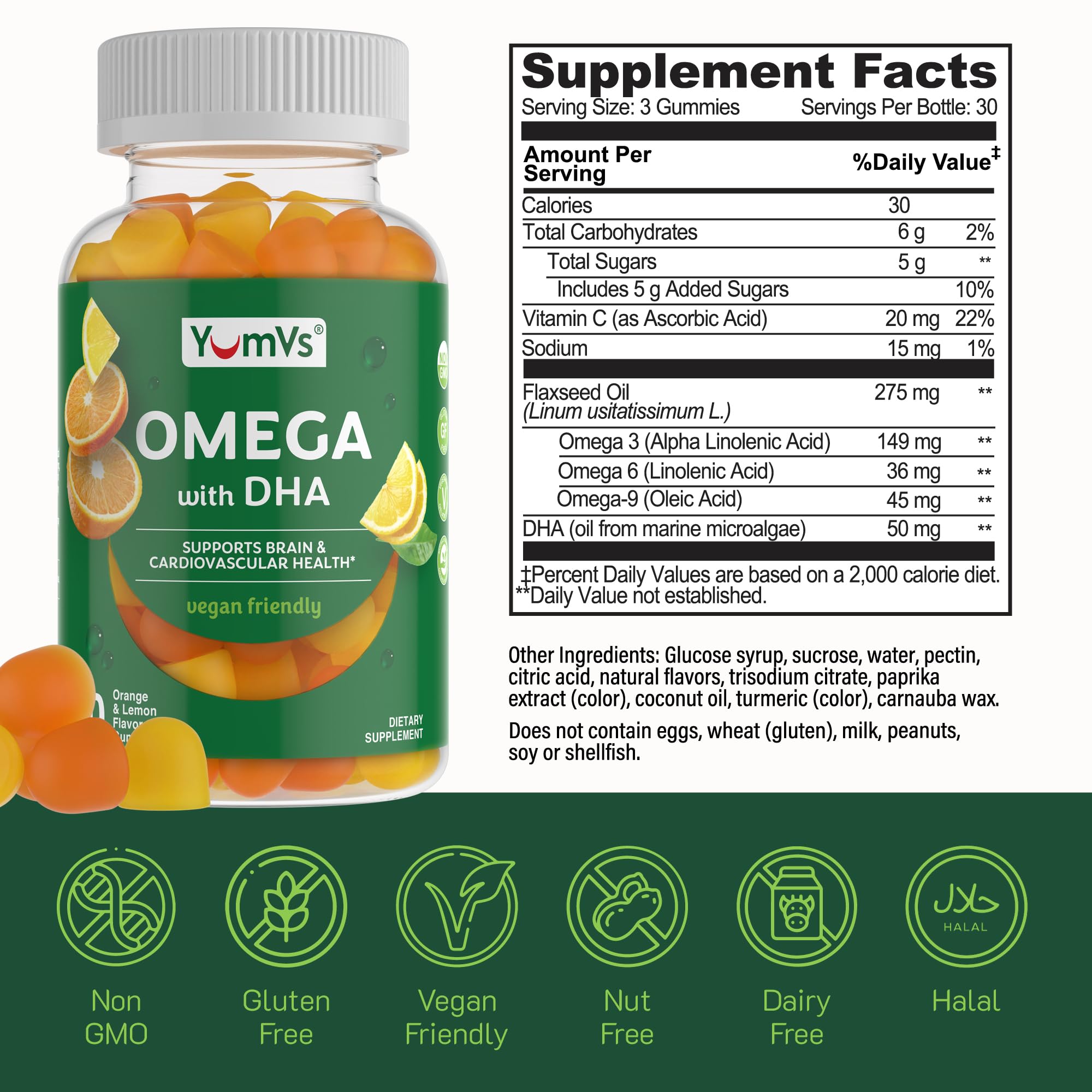YUM-V'S Vegan Omega 3 Gummies for Adults w/DHA - Vegan Omega 3 6 9 Gummies - Vegan Omega 3 Supplement from Flaxseed Oil & Algae - Lemon & Orange (90 Count (Pack of 1))