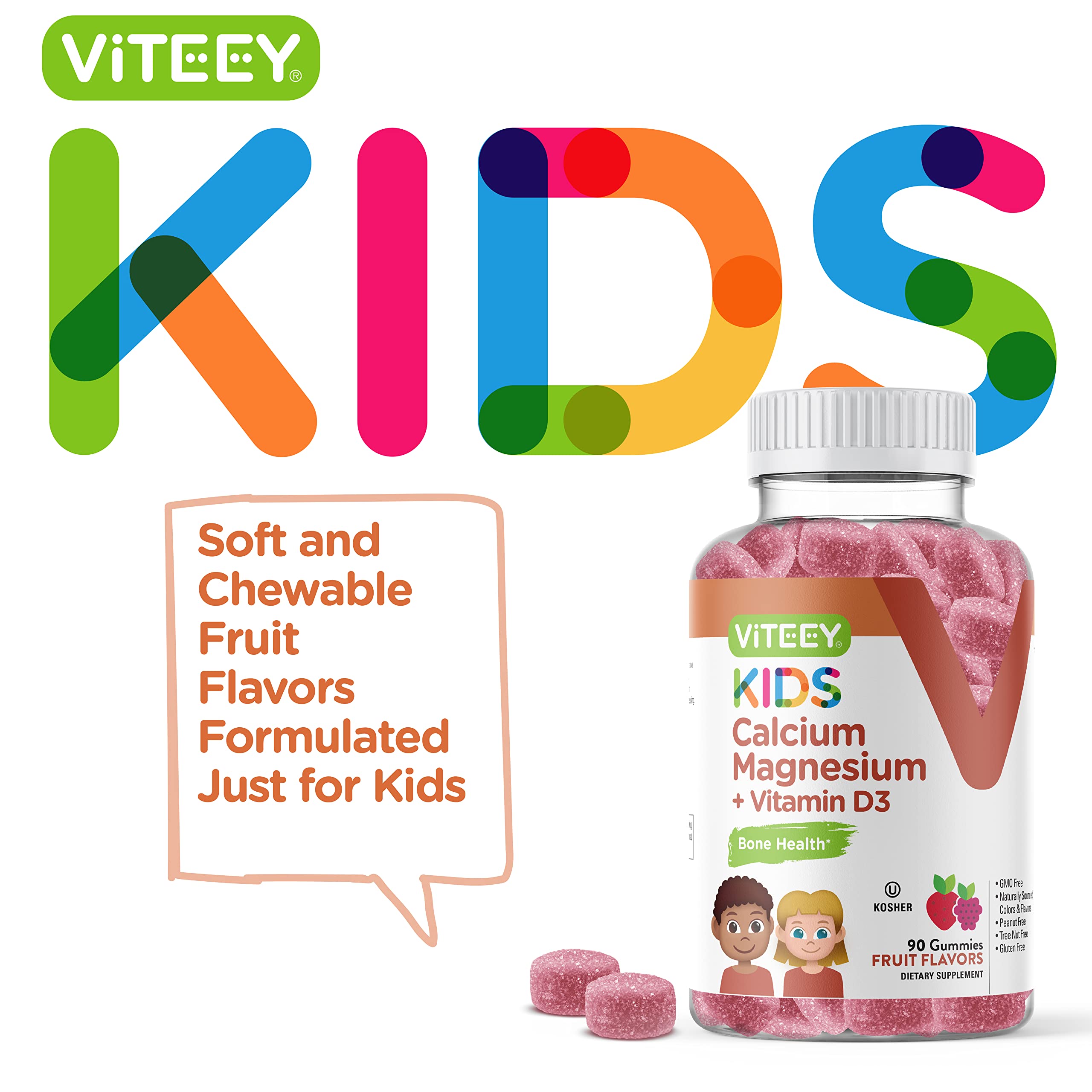 Kids Calcium Gummies + Vitamin D3 & Magnesium Citrate for Kids and Teens - Supports Bone Health, Immune Support, Energy & Muscle Function - Gluten Free, GMO Free - Tasty Chewable Fruit Flavored Gummy