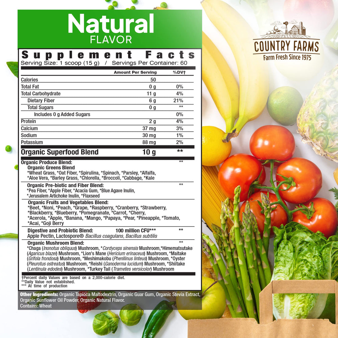 COUNTRY FARMS Super Greens Natural Flavor, 50 Organic Super Foods, USDA Organic Drink Mix, Fruits, Vegetables, Super Greens, with Fiber, Mushrooms & Probiotics, Supports Energy, 60 Servings, 900g